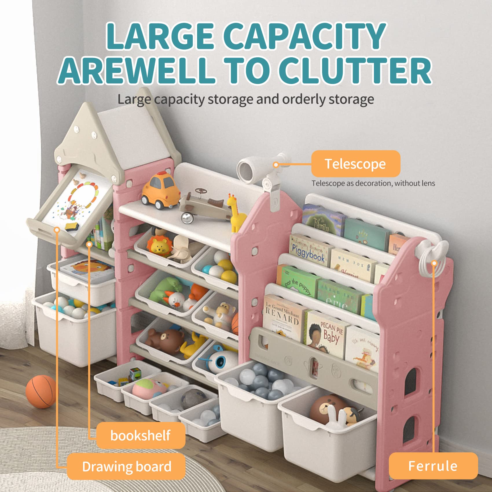 UNICOO Kids Toy Storage Organizer with 14 Bins & Pull-Out Drawers - Multifunctional Bookshelf for Toddlers to Organize Toys, Books, Clothes (Pink Magic Castle Design) - Perfect for Nursery, Playroom & Bedroom Organization