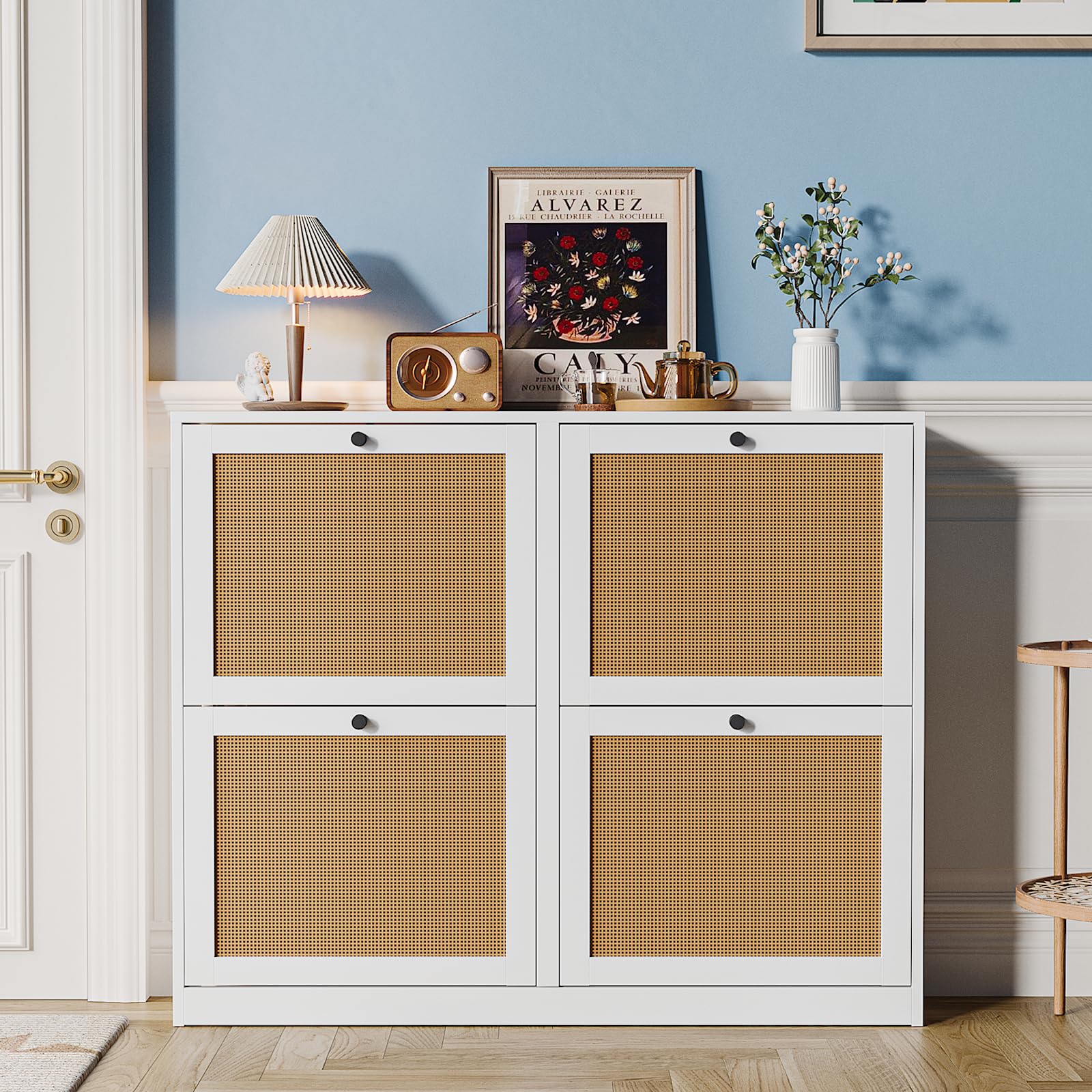 Anmytek Large Natural Rattan Shoe Storage Cabinet with 4 Flip Drawers - Freestanding Adjustable Shelf Shoe Organizer for Entryway, Hallway, Living Room | Perfect for Small Spaces, Closet Organization & Home Decor