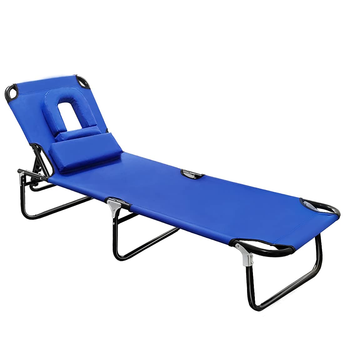 Portable Chaise Lounge - 4 Position Adjustable Outdoor Recliner Chair with Face Hole & Removable Pillow, 330lbs Weight Capacity - Perfect for Beach, Poolside, Patio, Lawn, Balcony and Backyard Relaxation