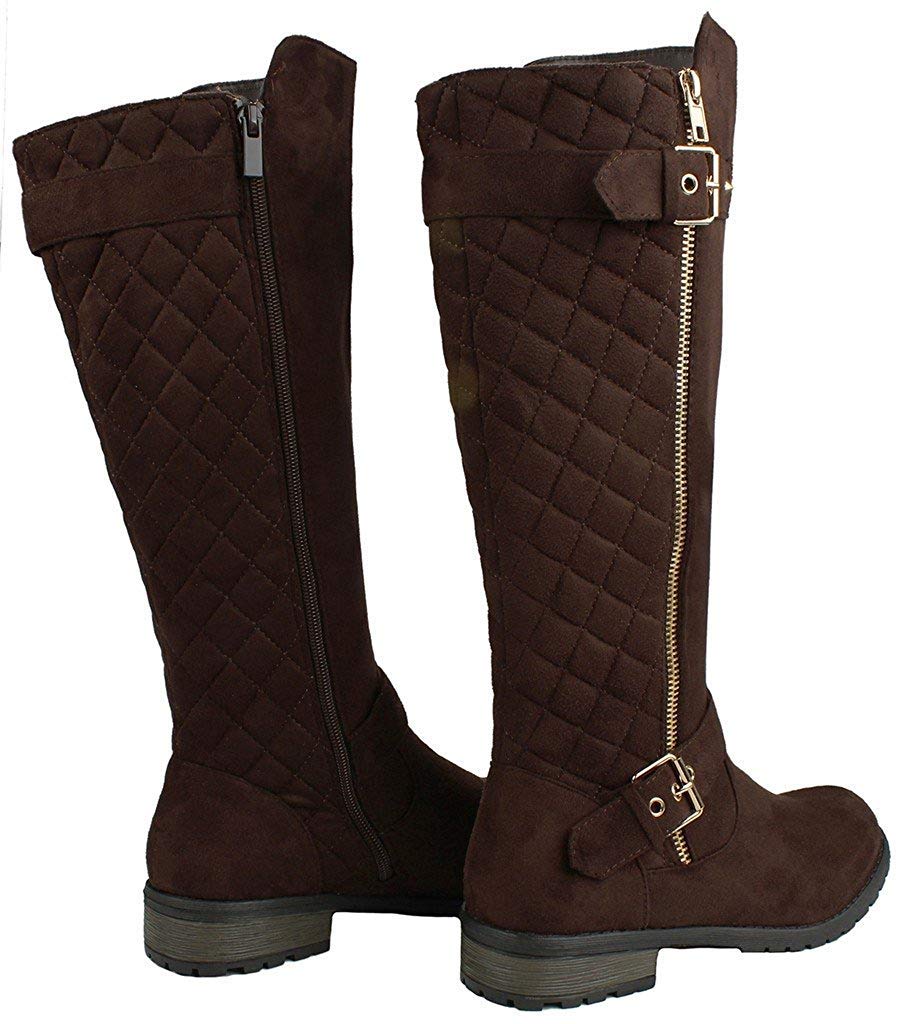 Forever Mango Women's Quilted Riding Boots with Zipper Accent - Brown Size 10 | Fashionable Equestrian & Winter Boots for Casual Outings and Outdoor Activities