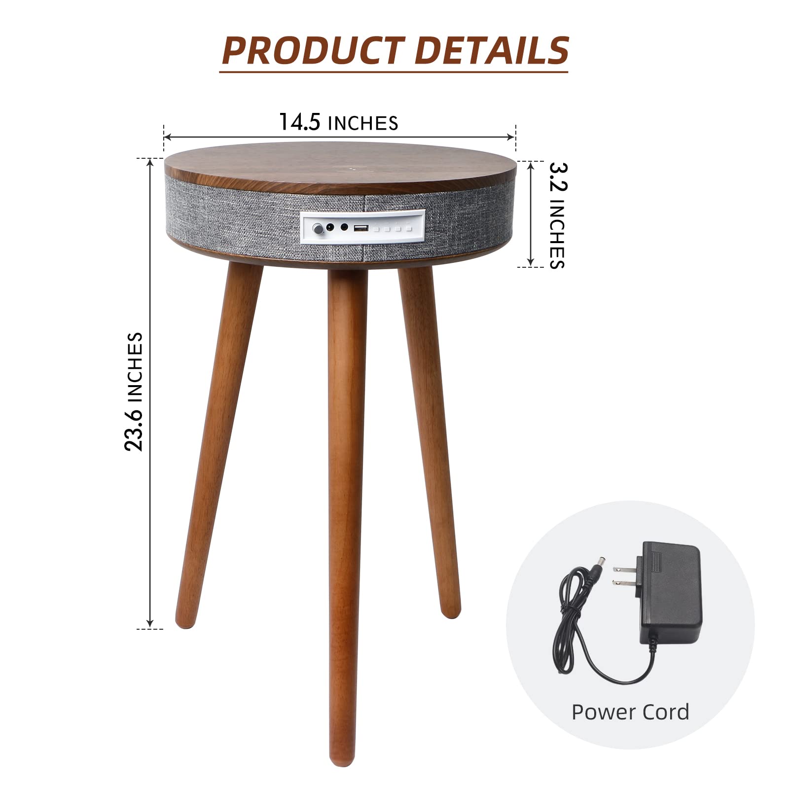 TooCust Smart End Table with Bluetooth Speaker & Wireless Charger - Round Side Table with USB Charging Ports for Bedroom, Living Room, Office - Perfect for Home Entertainment & Workspace Charging Station
