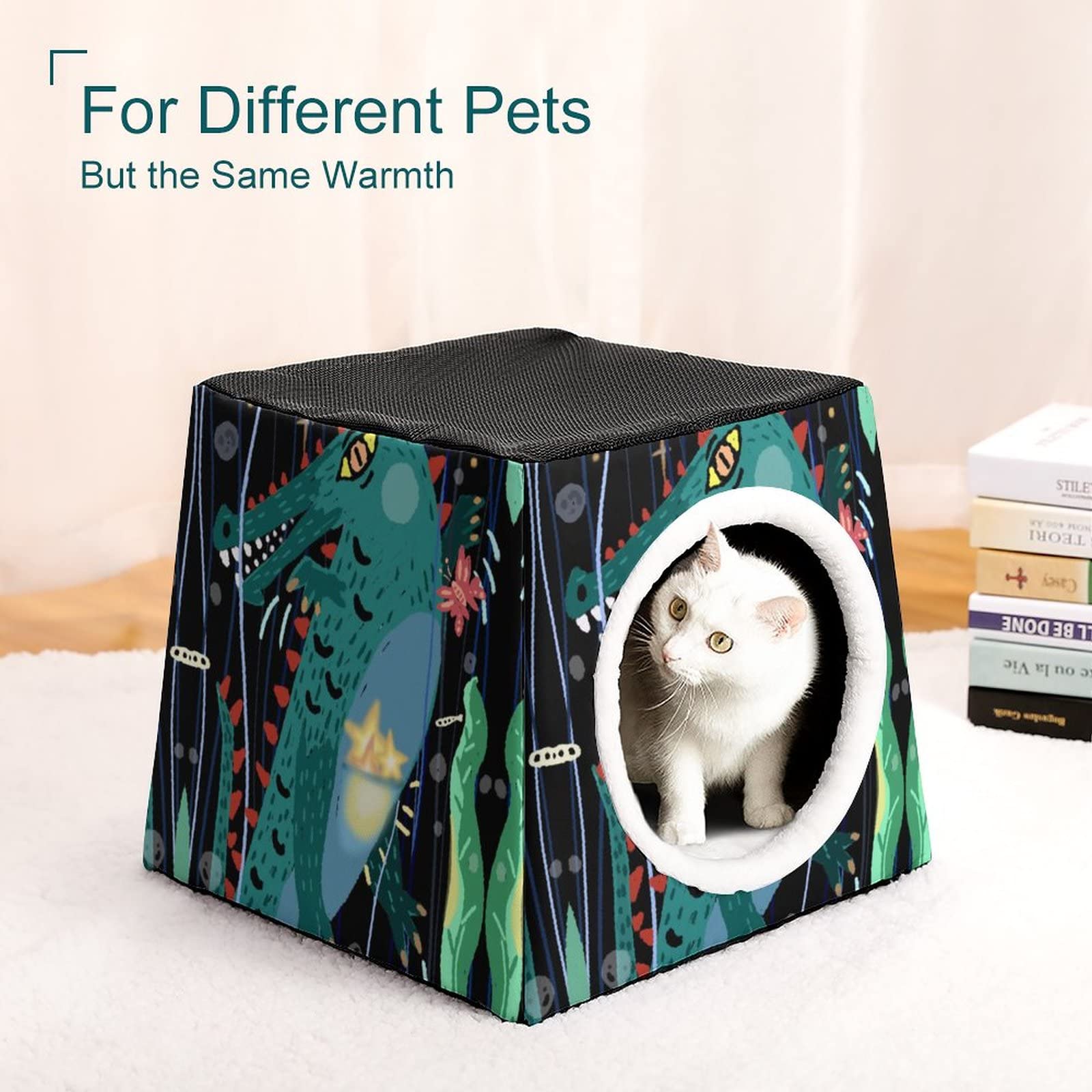 Printed Cat Houses & Condos - Foldable Cat Cube Bed with Removable Pillow in Crocodile Green | Cozy Pet Sofa for Indoor Cats, Perfect for Napping & Play