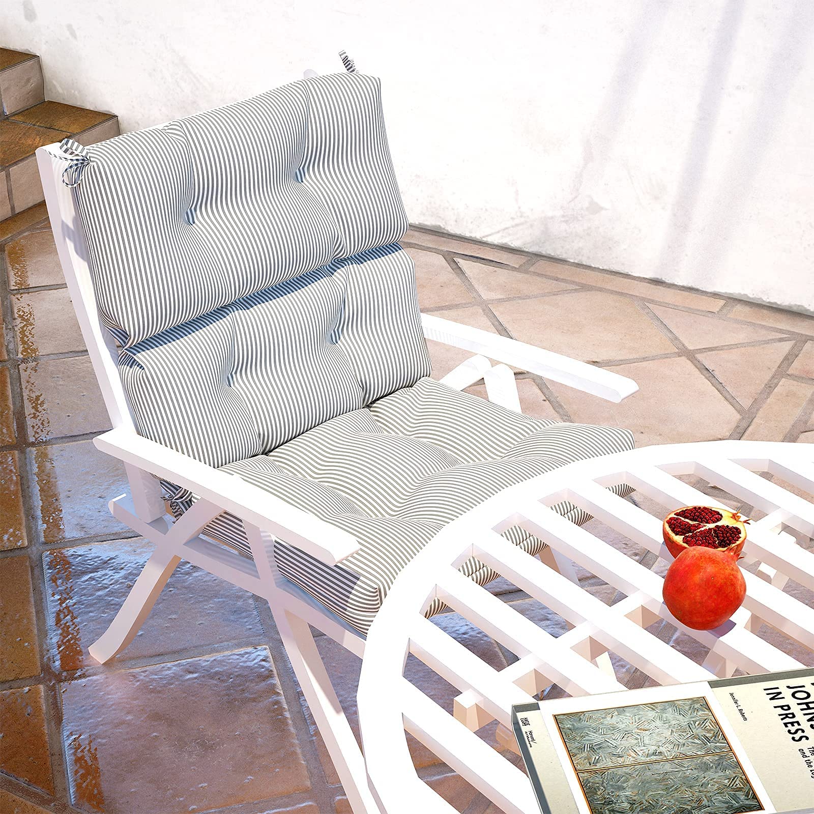 LVTXIII 44x22-inch Outdoor High Back Chair Cushions Set of 2 - Tufted Adirondack Rocking Chair Seat Cushions with Ties, Waterproof & Durable Patio Furniture Cushions in Striped Grey - Perfect for Deck, Porch, Garden and Poolside Relaxation