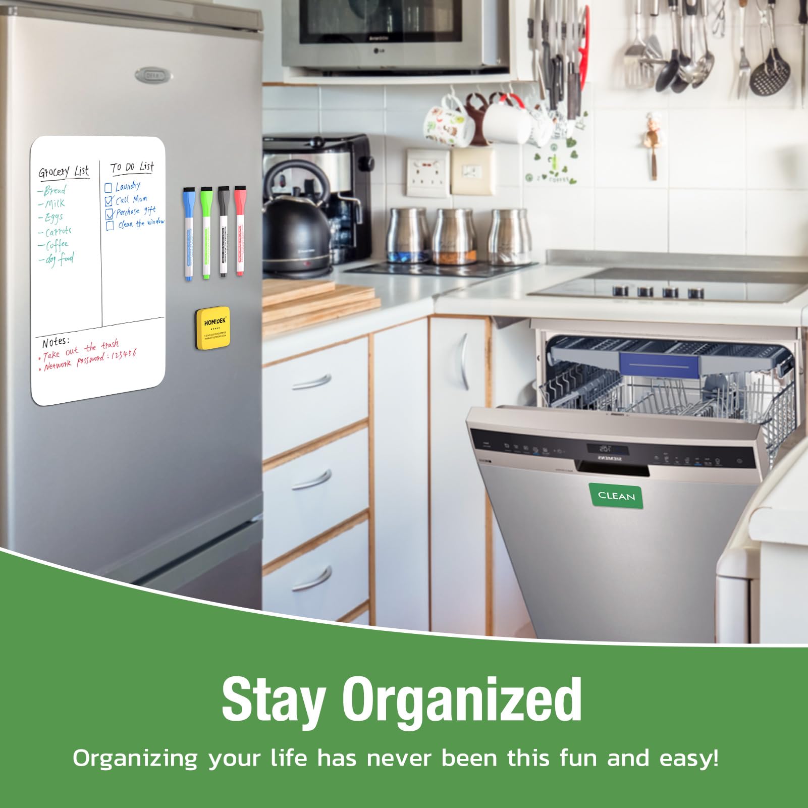 Small Magnetic Dry Erase Board for Refrigerator - 12 x 8 Inch Flexible Fridge Whiteboard with Dishwasher Magnet Clean/Dirty Sign, Includes 4 Markers & Eraser - Perfect for Kitchen, Office, and Home Organization