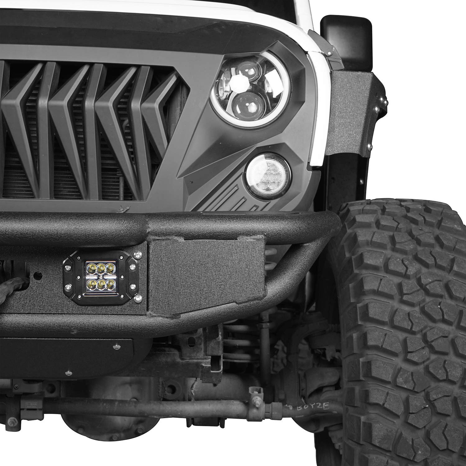 U-Box JK Front Bumper with Winch Plate & 2x LED Spotlights for Jeep Wrangler JK & Wrangler Unlimited (2007-2018) | Heavy-Duty Off-Road Protection & Adventure-Ready Design