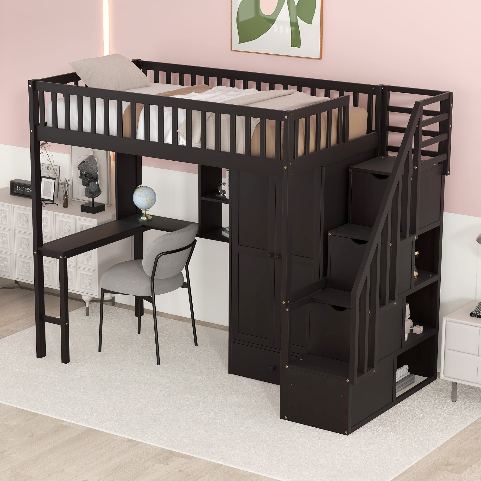 Harper & Bright Designs Twin Size Wood Loft Bed with Desk, Wardrobe, Bookshelf & Drawers - Space-Saving Study & Sleep Solution for Kids & Teens - Espresso Finish