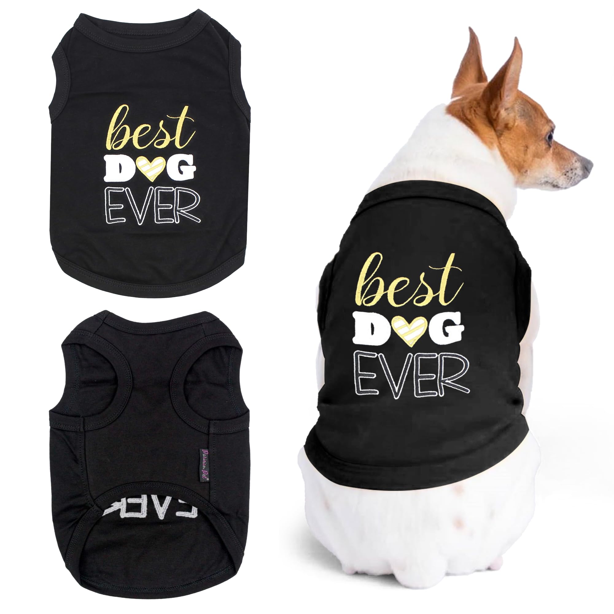 Best Dog Ever Embroidered Parisian Pet Dog T-Shirt | Pure Cotton Sleeveless Black Tee for Small Dogs | Lightweight & Machine Washable Dog Clothes | Perfect for Daily Walks, Pet Parties & Photo Shoots - XS Size