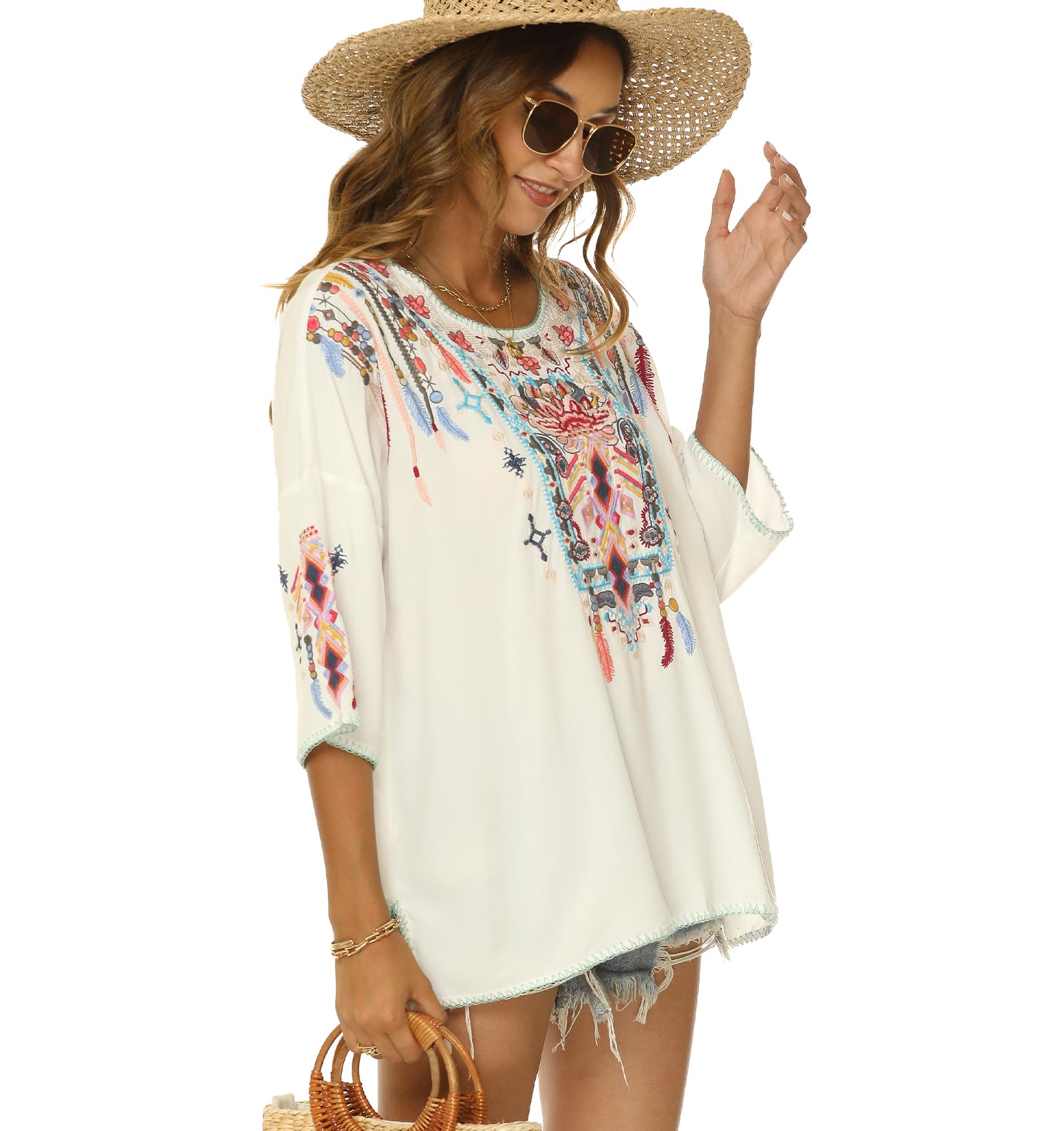 Higustar Mexican Embroidered Tops for Women | Traditional Boho Tunic Shirt | Plus Size Bohemian Blouse | Peasant Style Embroidered Clothing | Perfect for Music Festivals, Beach Vacations & Boho Fashion Outfits