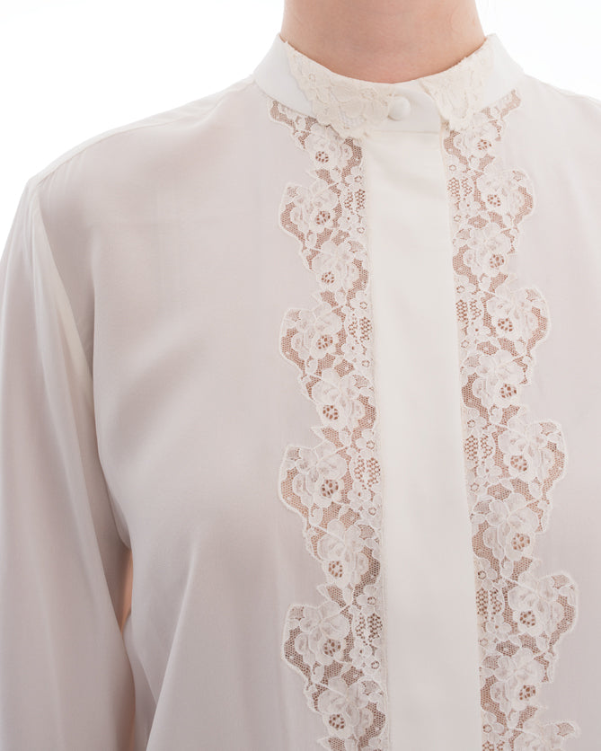 Chloe Women's Milk White Silk Blouse with Elegant Lace Inset - Size M | Perfect for Office Wear, Date Night & Special Occasions