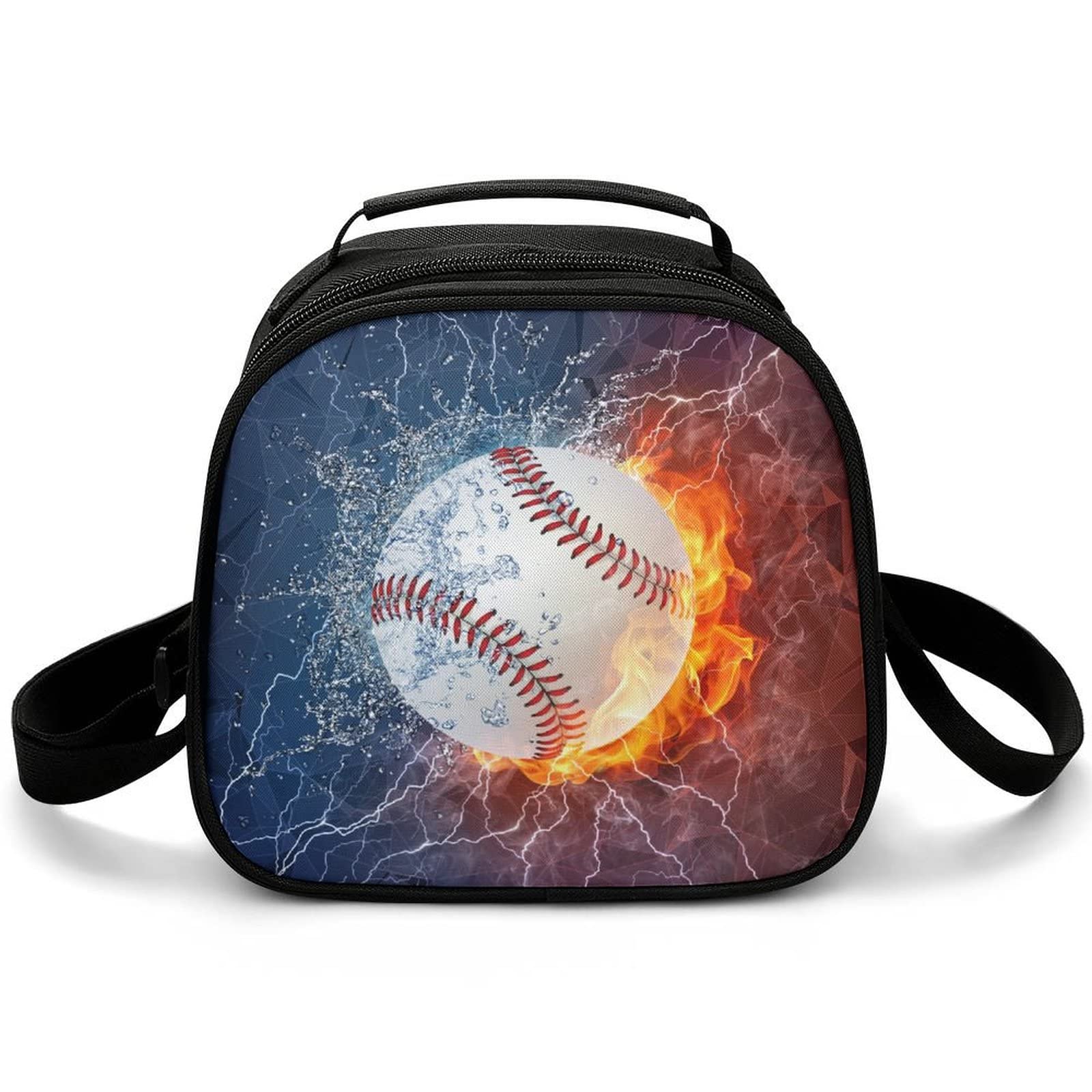 Personalized Black Baseball Lunch Box for Boys & Girls - Custom Name Printed Insulated Lunch Bag for Sports, School & Work - Reusable Meal Bag with Cool Fire Water Design - Perfect for Kids, Women & Men