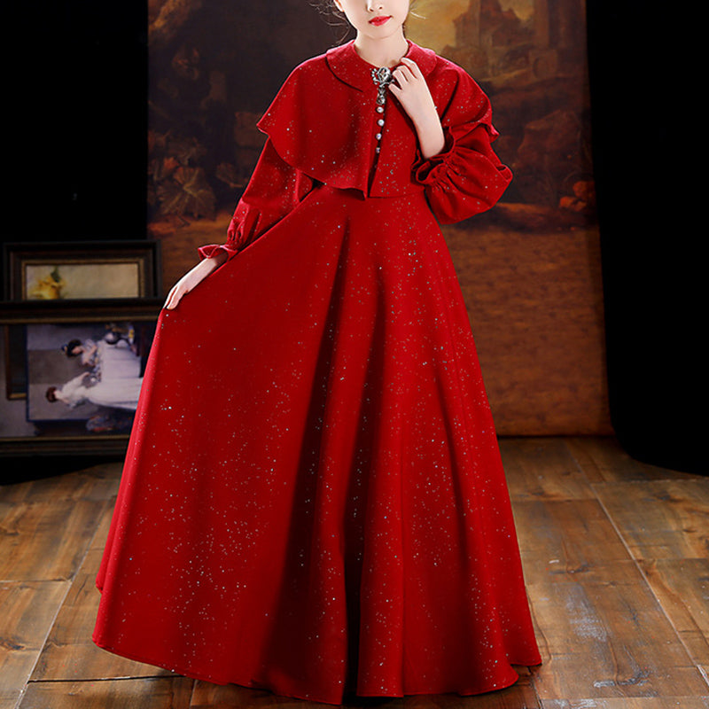 Baby Girl Dress Winter Red Cape Long Sleeve Princess Pageant Dress for Holiday Parties & Christmas Photos