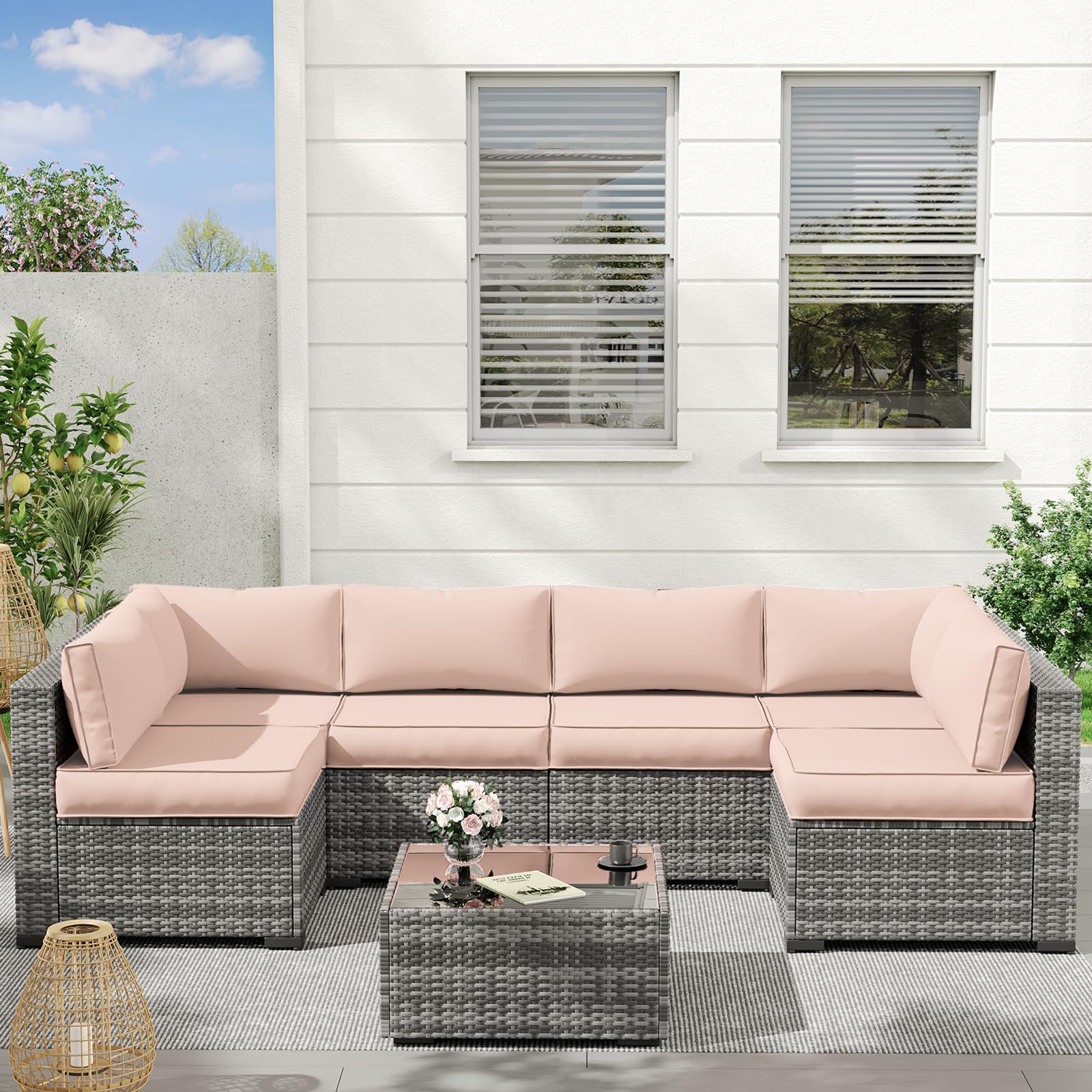 **UDPATIO Water-Resistant Outdoor Replacement Cushions for 6-Seat Sectional Patio Furniture – 14-Piece Beige Couch Cushions – Perfect for Backyard, Poolside & Garden Relaxation**