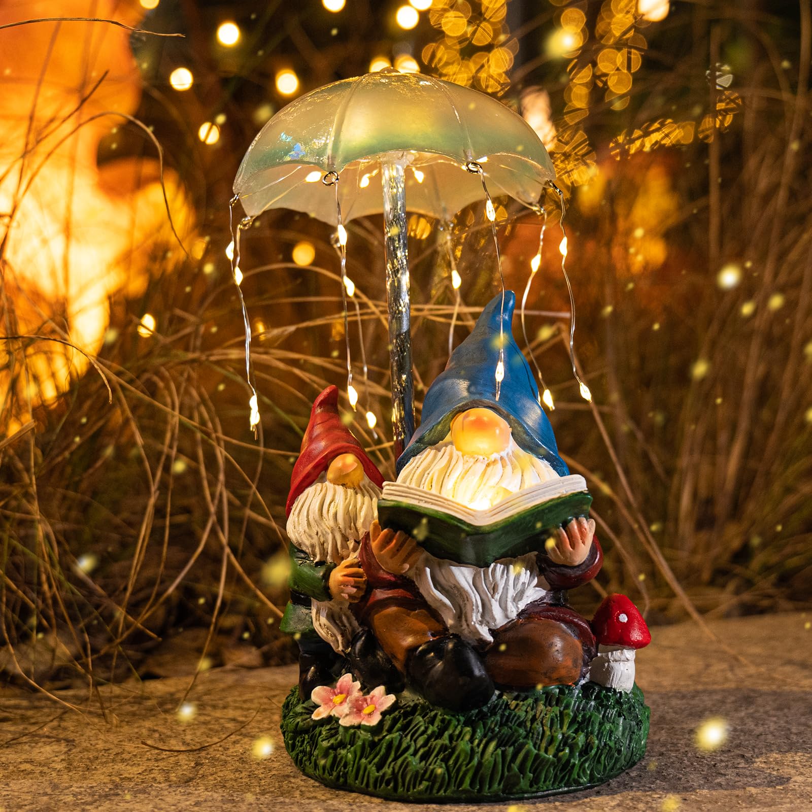 Solar Powered Garden Gnomes Statues - Outdoor Decor Resin Figurines with Umbrella Fireworks Lights - Perfect for Lawn, Patio, Backyard & Garden Decoration
