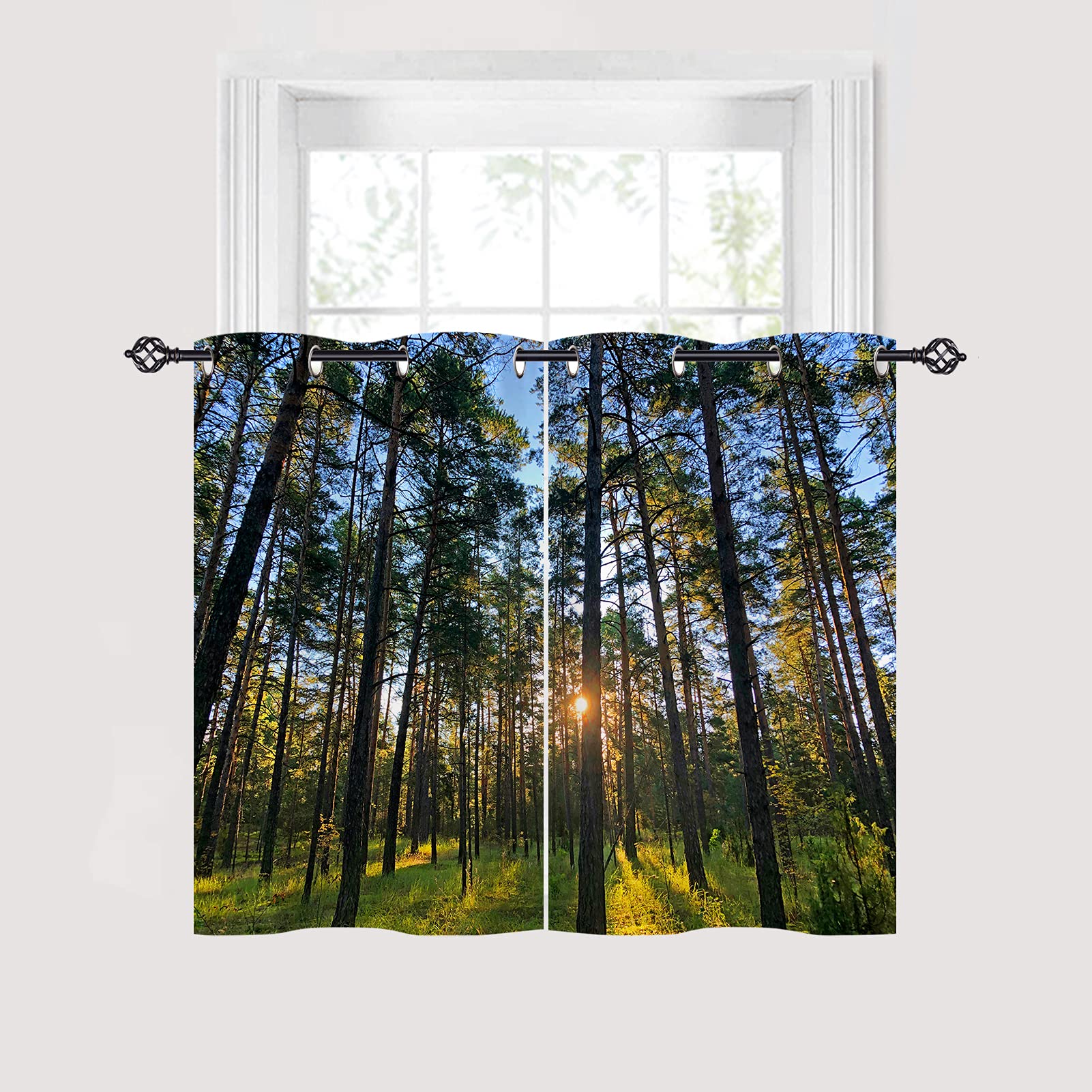 ANHOPE Waterproof Grommet Kitchen Curtains - Sunset Forest Tree Scenery Print, Nature Landscape Theme Window Drapes (2 Panels 27.5x39 Inch) for Bedroom, Living Room & Cabin Decor