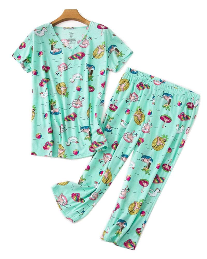 Sorrica Women's Printed Pajama Set - Soft Cotton Short Sleeve Top & Capri Pants for Sleep & Lounge