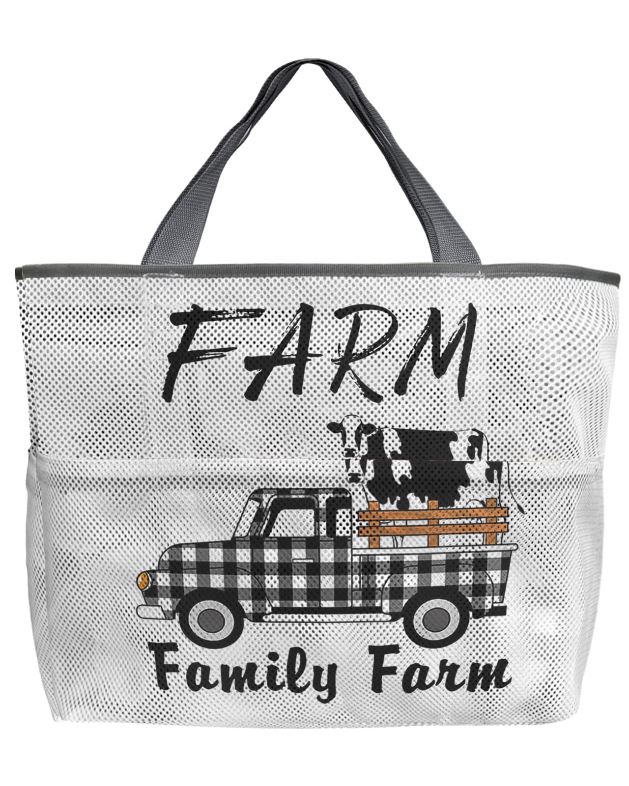 60L Oversized Mesh Beach Tote Bag - Farmhouse Cow Print & Buffalo Check Plaid Design - Foldable Lightweight Swim Bag with Pockets (24