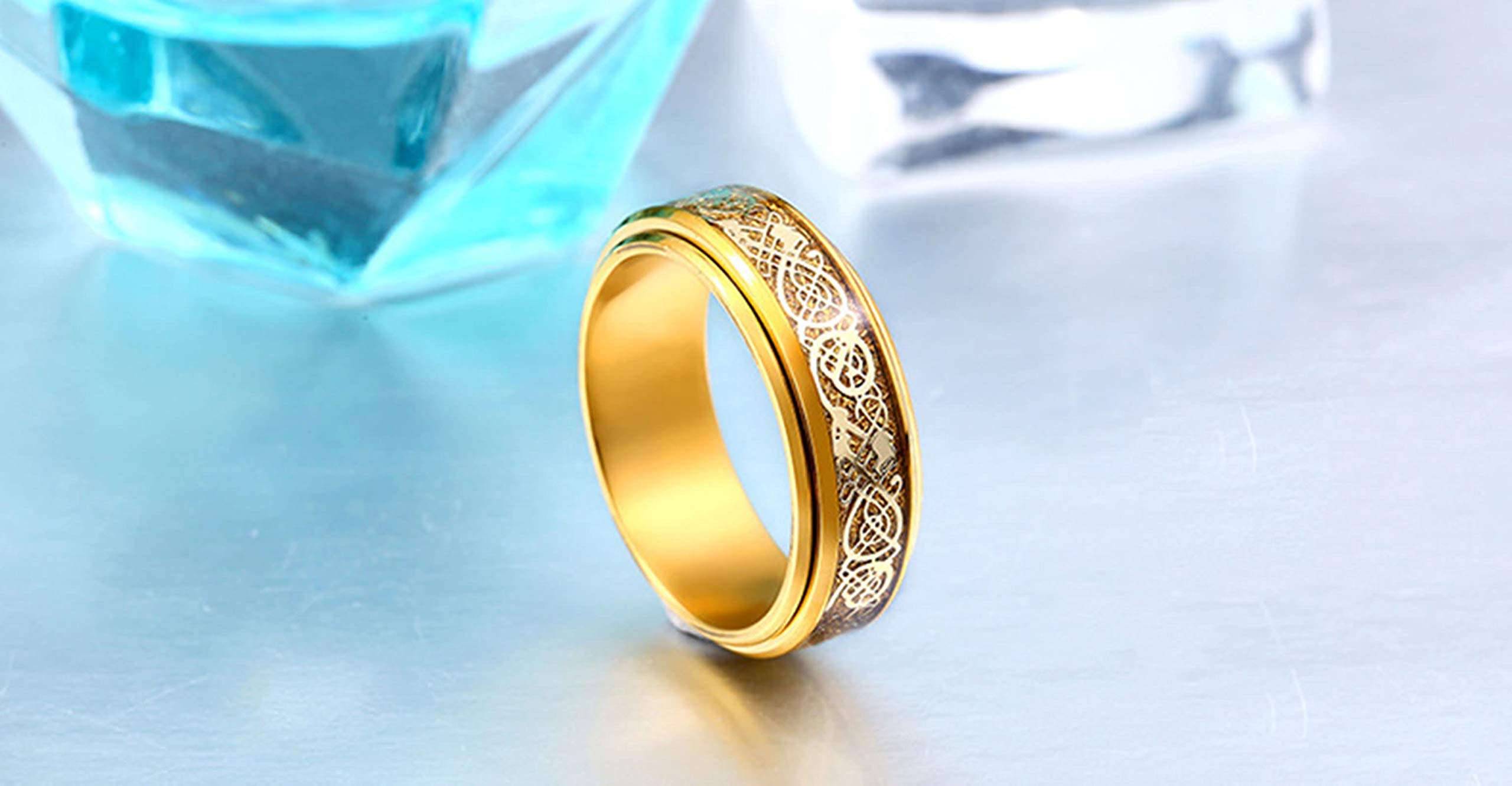Men's Stainless Steel Gold Dragon Pattern Engagement Ring - Size R 1/2 - Perfect for Weddings, Proposals & Anniversary Gifts