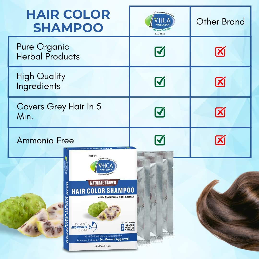 VHCA Natural Brown Beard Color Shampoo for Men - 3 Pack (20ml Each) | Gentle Gray Coverage & Conditioning | Perfect for Home Use, Travel & Daily Grooming