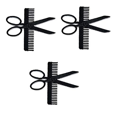 Umama Patch Set of 3 - Cute Hair Cutting Scissors Comb Black Cartoon Iron-On Embroidered Patches for DIY Needlecraft & Machine Embroidery Projects | Perfect for Denim Jackets, Backpacks, and Fabric Crafts