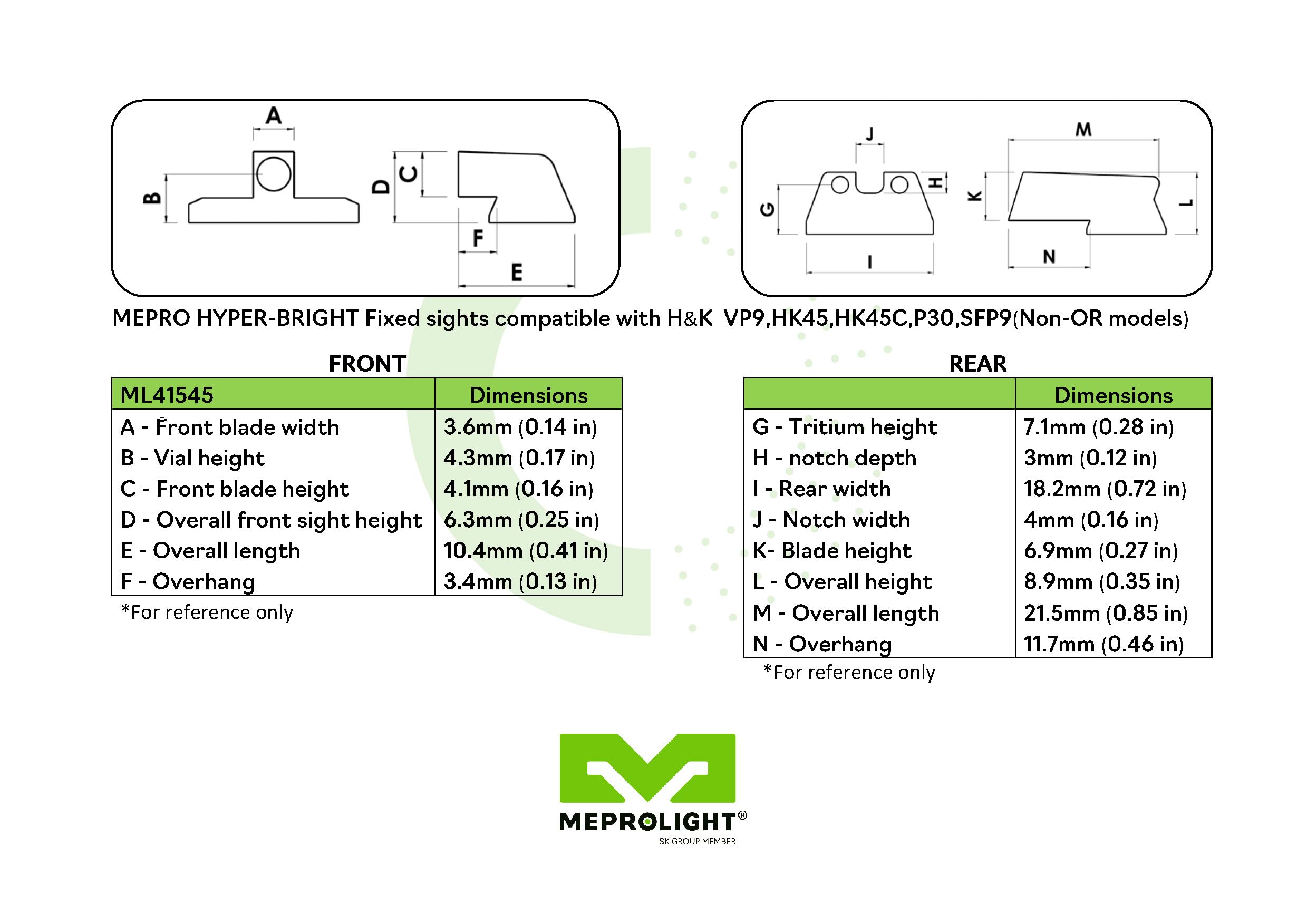MEPRO Hyper-Bright Tritium Night Sights for H&K Pistols - Green Tritium Dots with Photoluminescent Front Sight - U-Notch Rear Sight - Enhanced Visibility for Low Light Shooting and Tactical Use