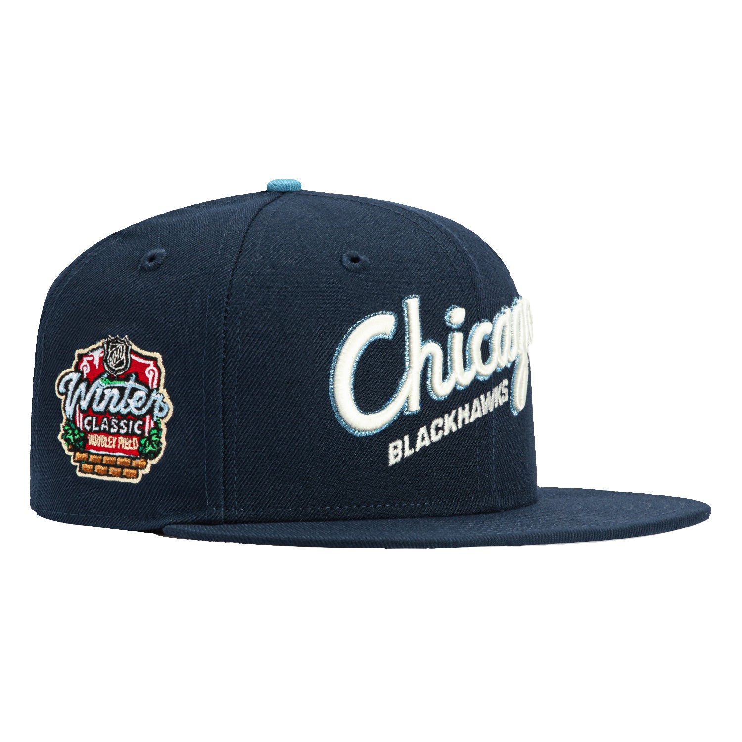 New Era 59Fifty Chicago Blackhawks Winter Classic Patch Script Hat - Navy Blue Adjustable Baseball Cap for Men & Women - Perfect for Hockey Games, Sports Events & Casual Wear