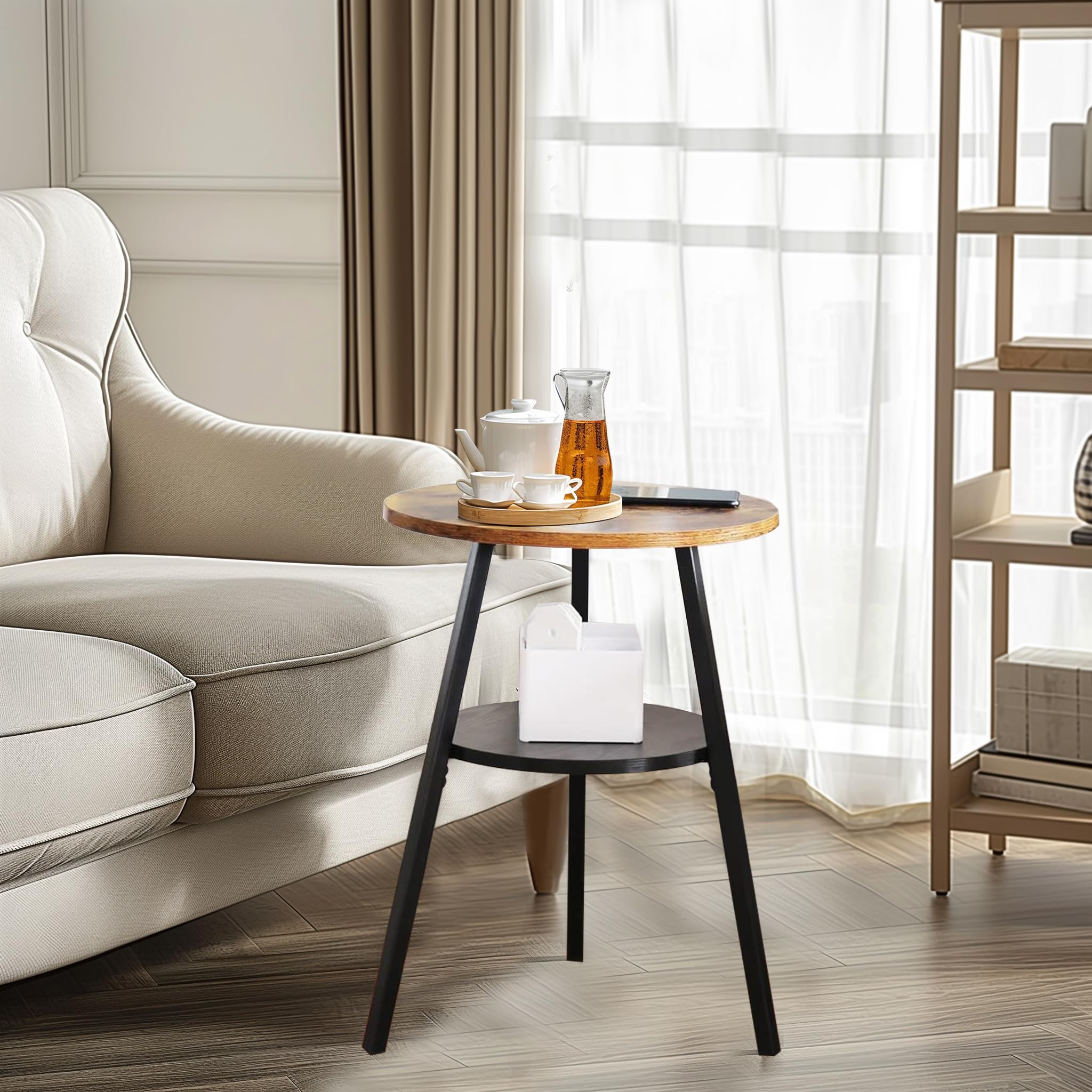 INHABIT UNION Round End Table - Rustic Brown Wooden Accent Table with Storage Shelf | Small Side Table for Living Room, Bedroom & Balcony | Space-Saving Furniture for Apartments & Small Spaces