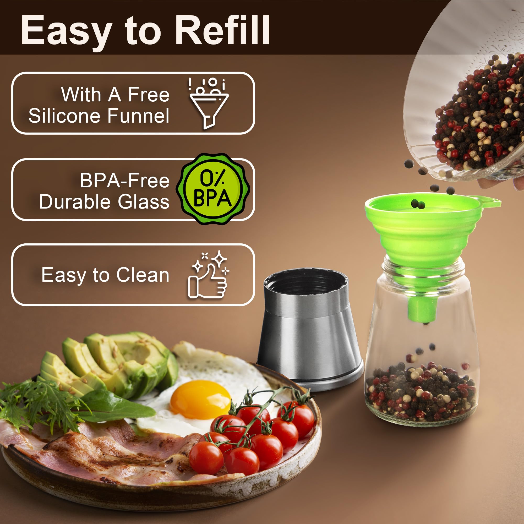 Premium Stainless Steel Salt and Pepper Grinder Set - Adjustable Coarseness, Refillable Glass Shakers for Himalayan Salt & Black Peppercorns with Bonus Stand - Perfect for Kitchen, Dining Table, and Gourmet Cooking
