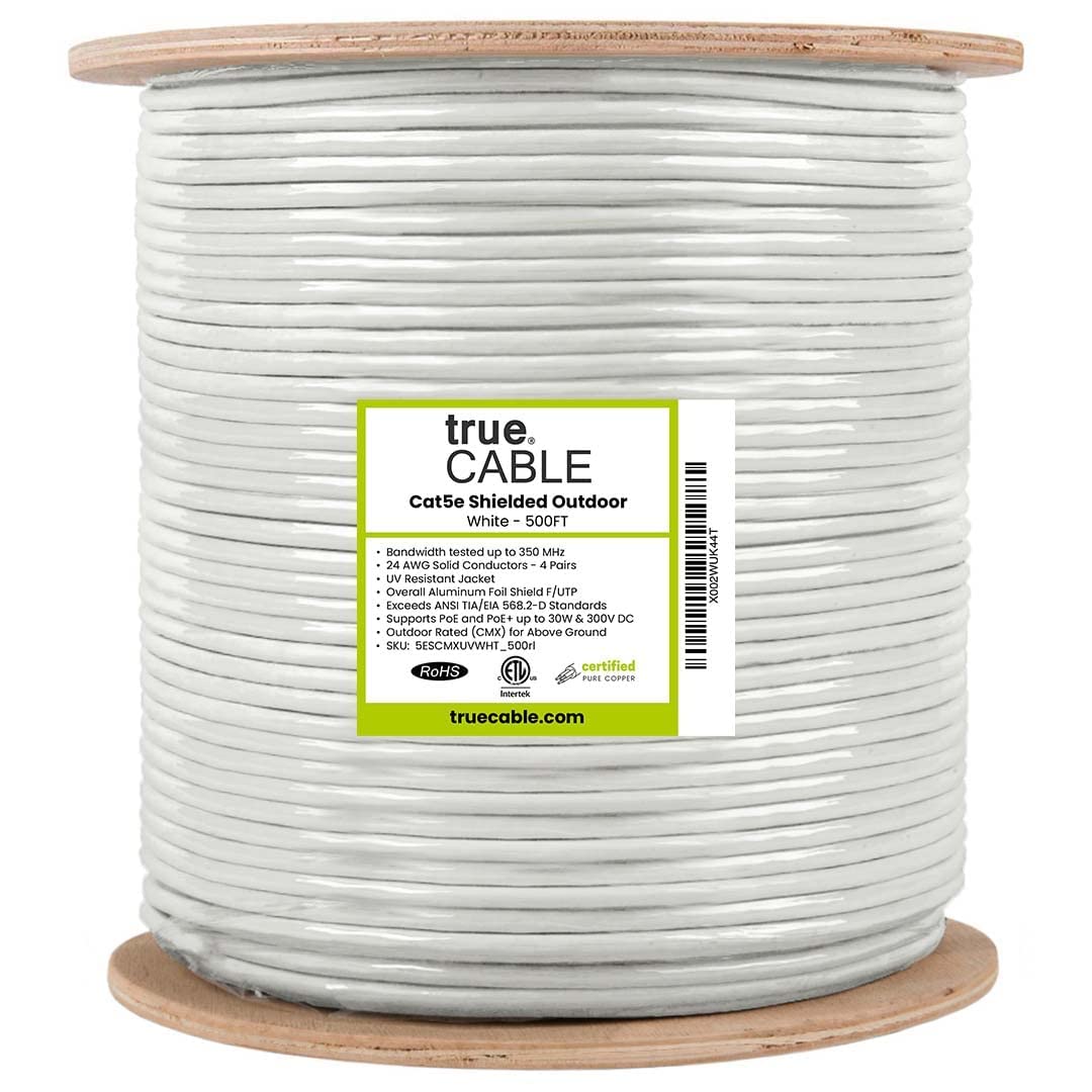 trueCABLE Cat5e Outdoor Shielded Ethernet Cable - 500ft, UV Resistant, CMX Rated, 24AWG Solid Bare Copper, 350MHz, PoE++ (4PPoE) - Perfect for Outdoor Networking, Security Cameras, and Long-Distance Internet Connections