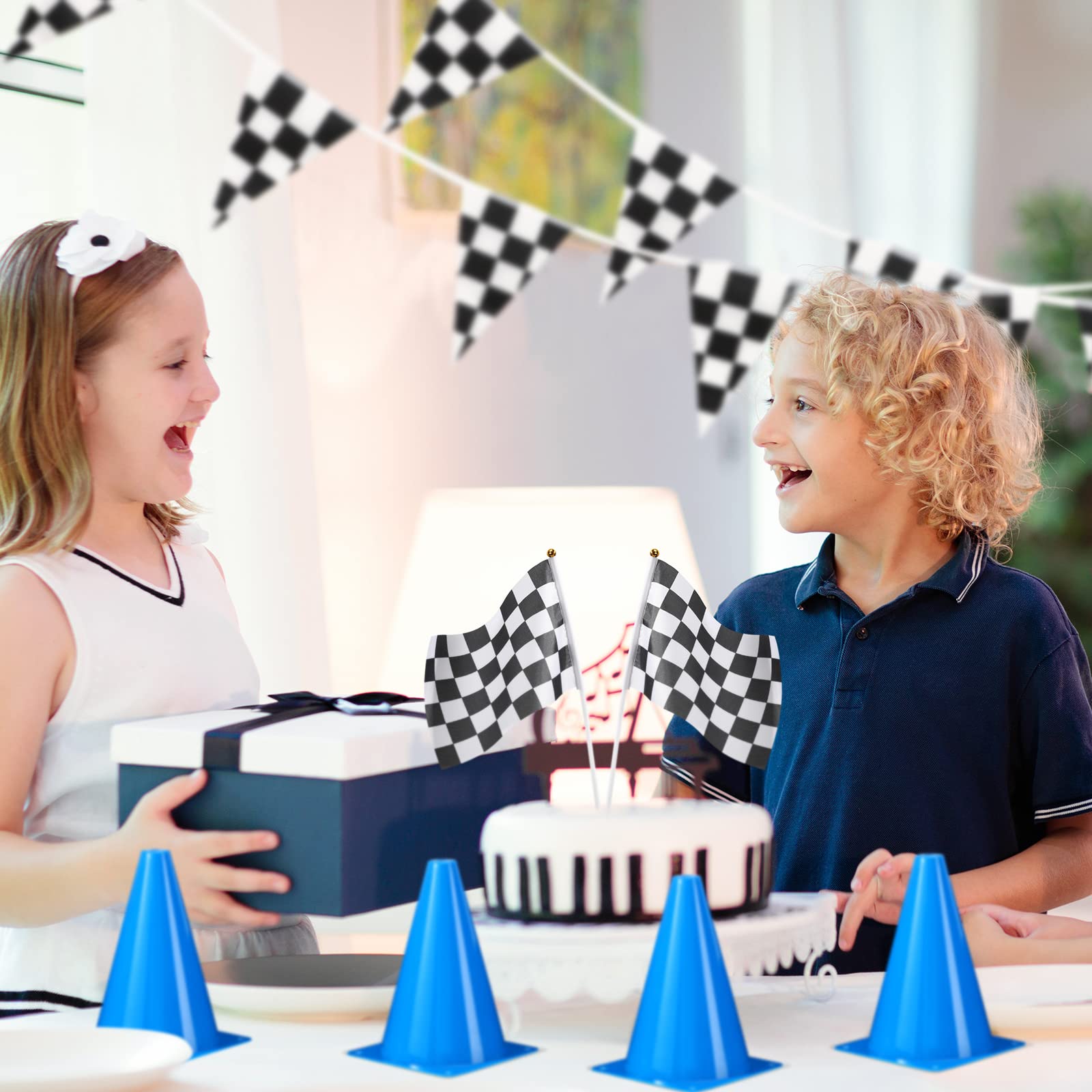 12 Pack Traffic Cones & Racing Flags Set - 12 Plastic Safety Cones, 12 Checkered Racing Flags with Poles, 31ft Checkered Pennant Banner & 9.8x2ft Race Track Mat for Kids Outdoor Games, Birthday Parties, School Events & Sports Activities