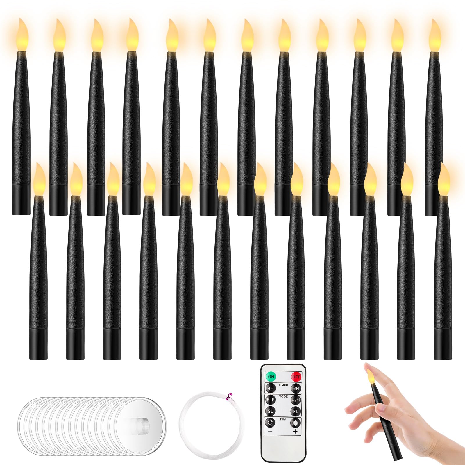 24 Pack Flameless LED Hanging Candles - Battery Operated Halloween Decor with Warm White Light (6.3 Inch Black Taper Candles) Perfect for Spooky Party, Haunted House, and Magical Floating Candle Displays