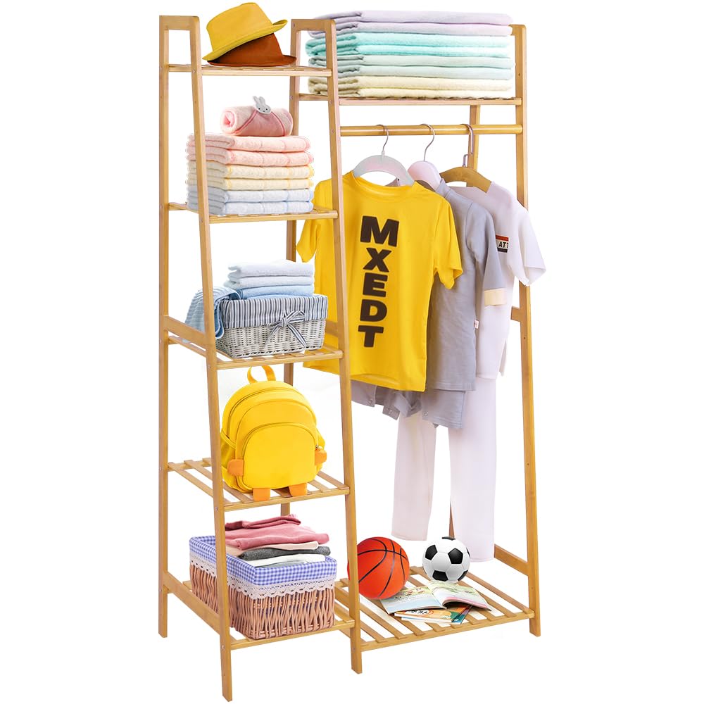 Bamboo Wooden Clothes Rack with Shelves - Space Saving Free Standing Garment Organizer for Kids & Small Spaces | Ladder Design for Corner Placement | Perfect for Bedroom, Nursery & Closet Organization