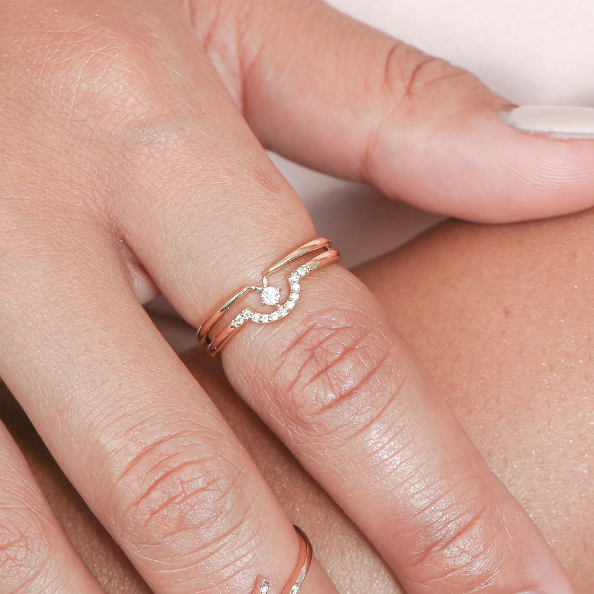 14k Solid Yellow Gold Diamond Curve Double Layer Band Ring - Elegant Stackable Wedding Band for Women, Perfect for Anniversaries & Special Occasions