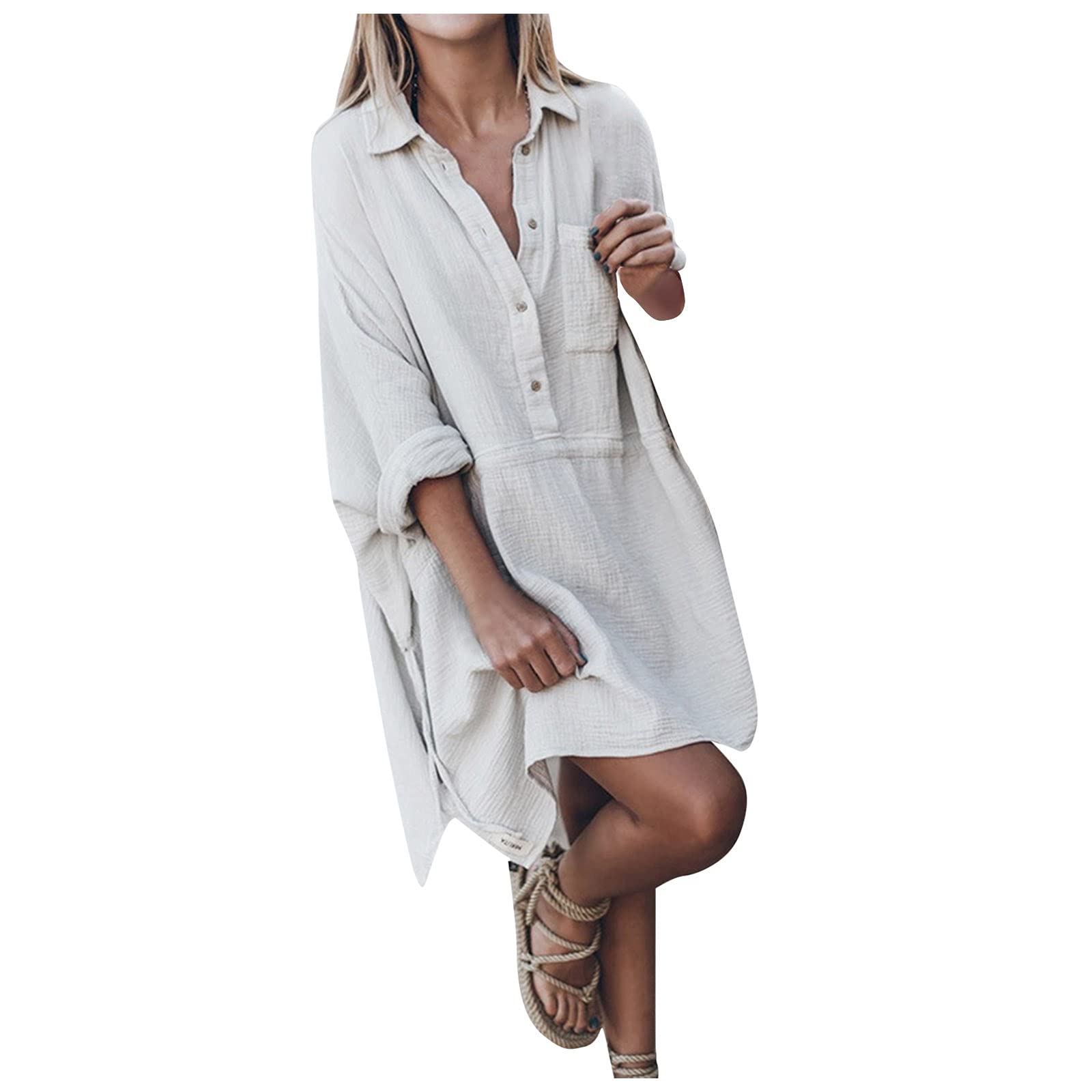 Women's Cotton Linen Casual Shirt Dress - Solid Color Lapel Loose Fit Sundress for Summer | Perfect for Beach, Vacation & Everyday Wear