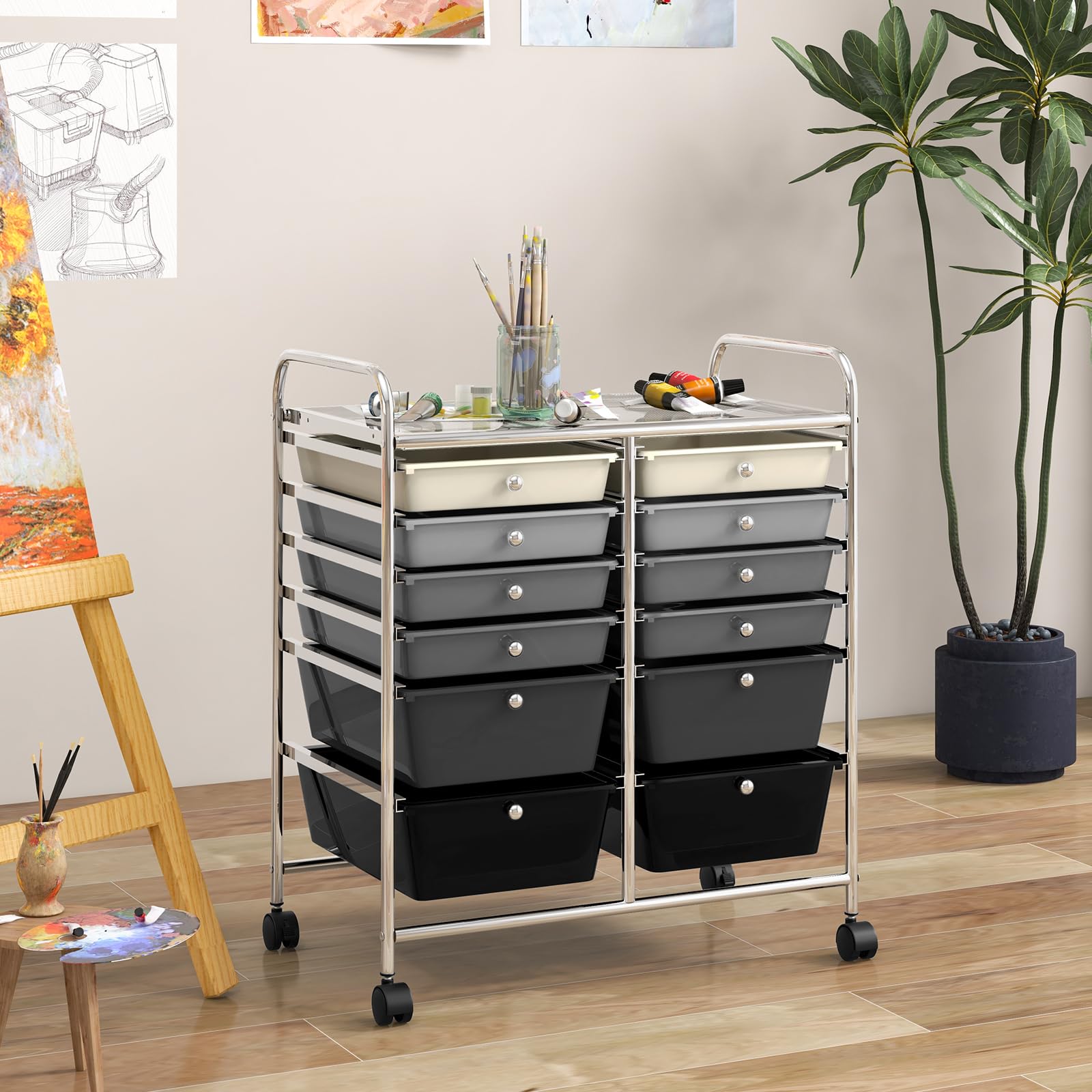 RELAX4LIFE 12-Drawer Rolling Craft Storage Cart with Wheels - Mobile Organizer for Art Supplies, Office, Beauty Salon & School Use - Space-Saving Gradient Black Utility Cart for Home, Studio & Classroom Organization