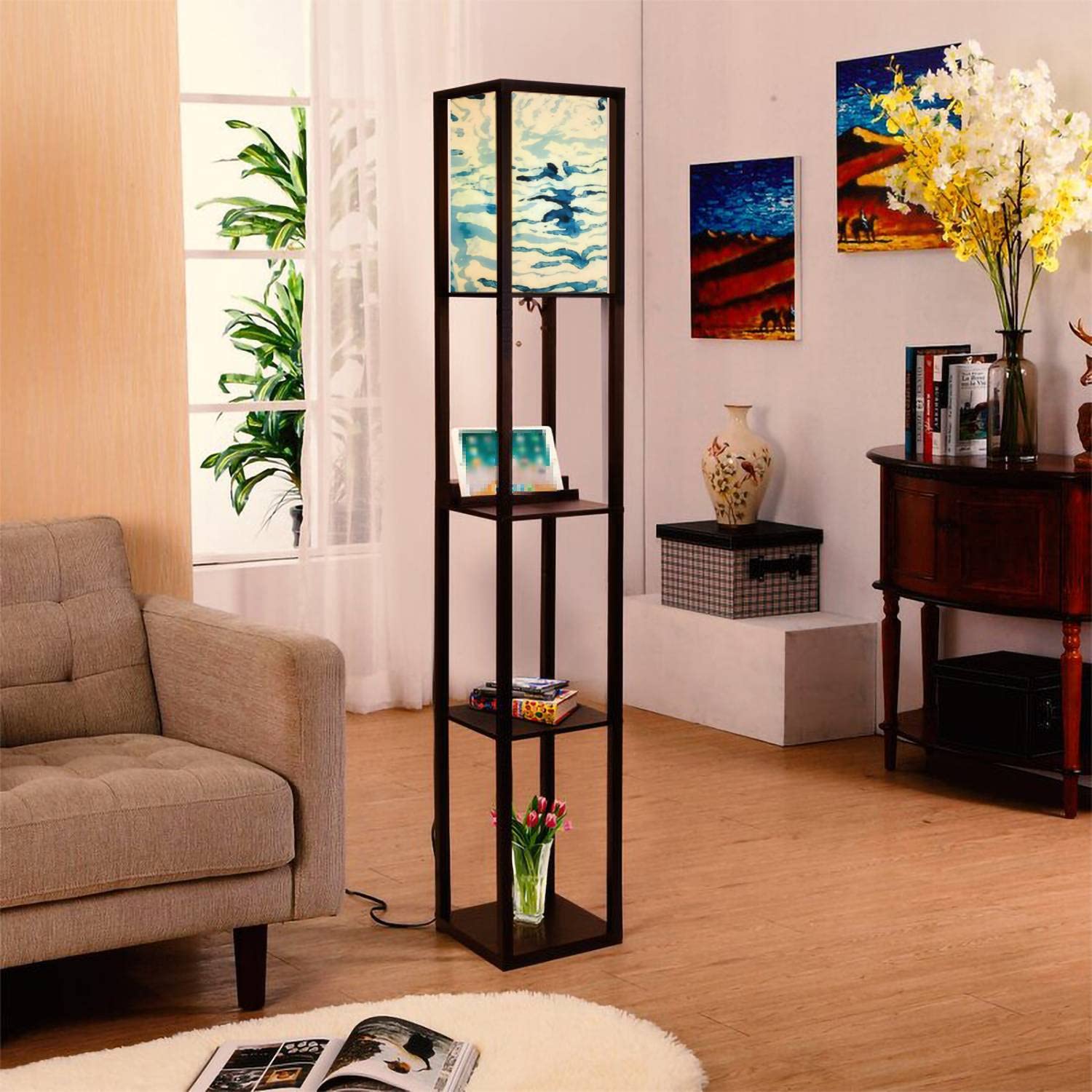 Zebra Print Modern Floor Lamp with Shelves, USB Ports & Power Outlet - White Animal Print Standing Lamp with Linen Fabric Shade for Living Room, Bedroom, Office - Tall Corner Lamp for Reading & Decor