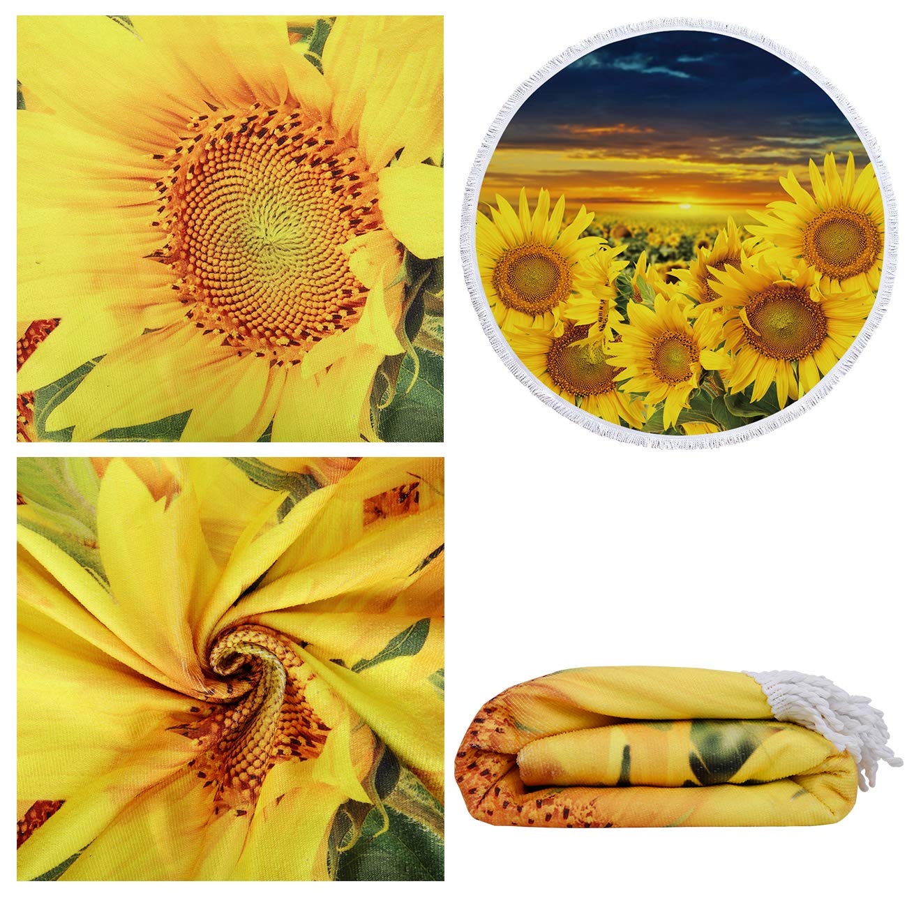 Violet Mist Sunflower Round Beach Blanket 60x60 Inch - Ultra Soft Microfiber Sand-Free Circular Towel with Fringe & Tassels - Perfect for Beach, Pool, Picnic, Travel and Outdoor Activities