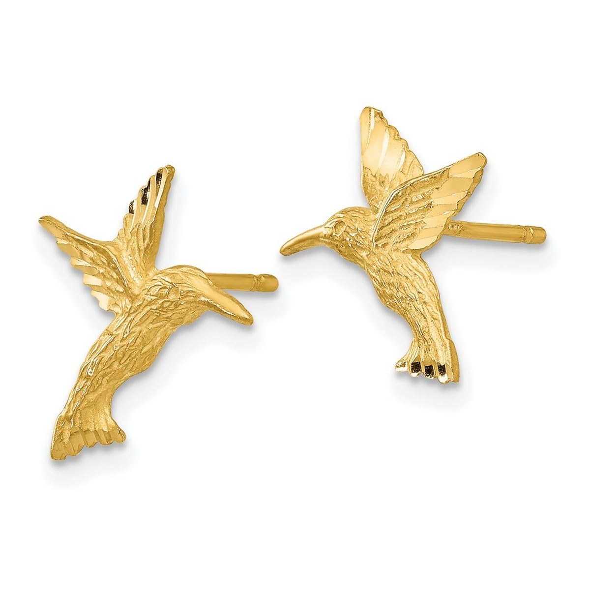 14K Yellow Gold Satin Textured Hummingbird Stud Earrings 15x12mm - Dainty Women's Jewelry Gift for Birthday, Anniversary & Everyday Wear