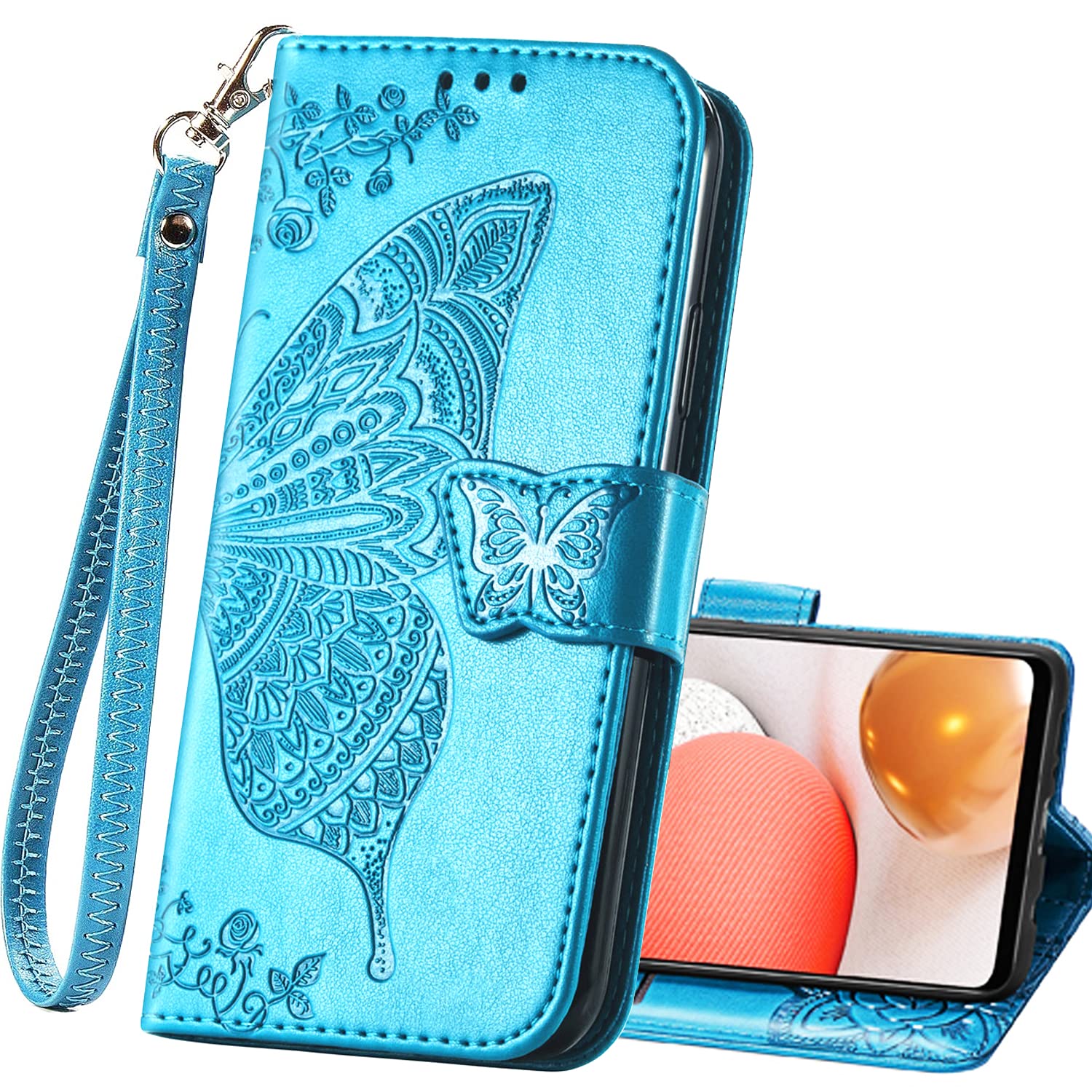 Premium PU Leather Wallet Case for Samsung Galaxy A03s - Flip Cover with Card Slots, Wrist Strap & Kickstand | Protective Phone Case with Butterfly Flower Embossing (Blue) | Perfect for Daily Use, Travel & Hands-Free Viewing