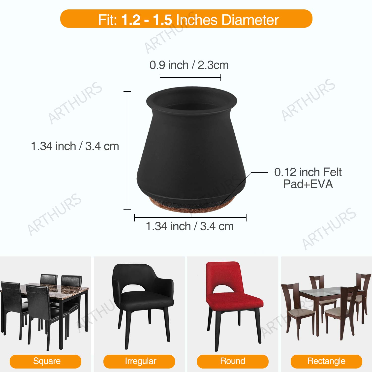 Black Silicone Chair Leg Floor Protectors with Felt - 16 Pcs Furniture Leg Caps for Hardwood Floor Protection (1.2