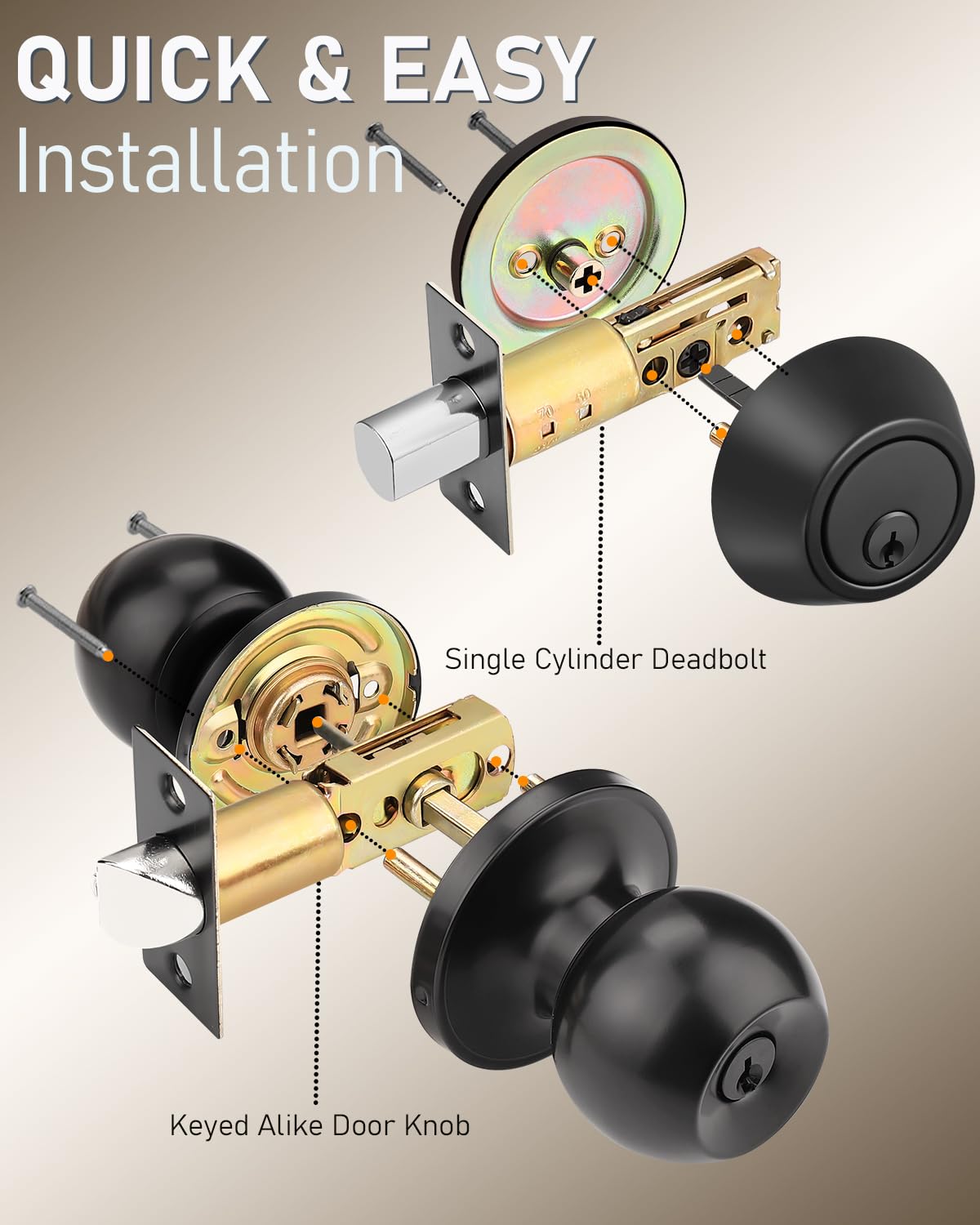 4 Pack Matte Black Entry Door Knob Lockset with Single Cylinder Deadbolt Combo Set - Keyed Alike Exterior Door Lock for Front Door & Gate - Perfect for Home Security & Outdoor Access Control
