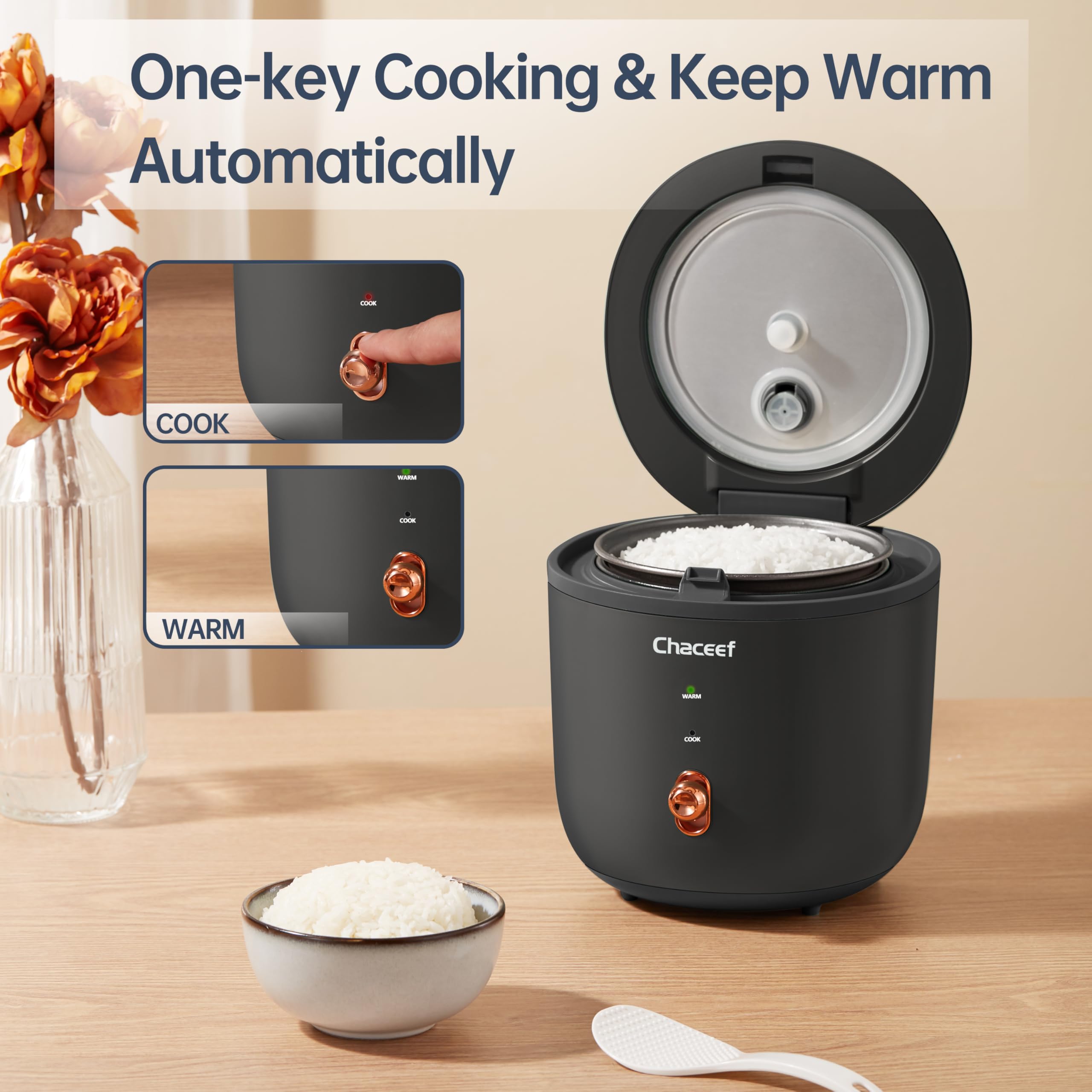 CHACEEF Mini Rice Cooker 2 Cups (1.2L) - Small Portable Travel Rice Maker with Non-Stick Pot, One-Touch Operation & Keep Warm Function - Perfect for White Rice, Brown Rice, Oatmeal & Black Rice - Ideal for Dorms, Offices, Camping & Small Kitchens