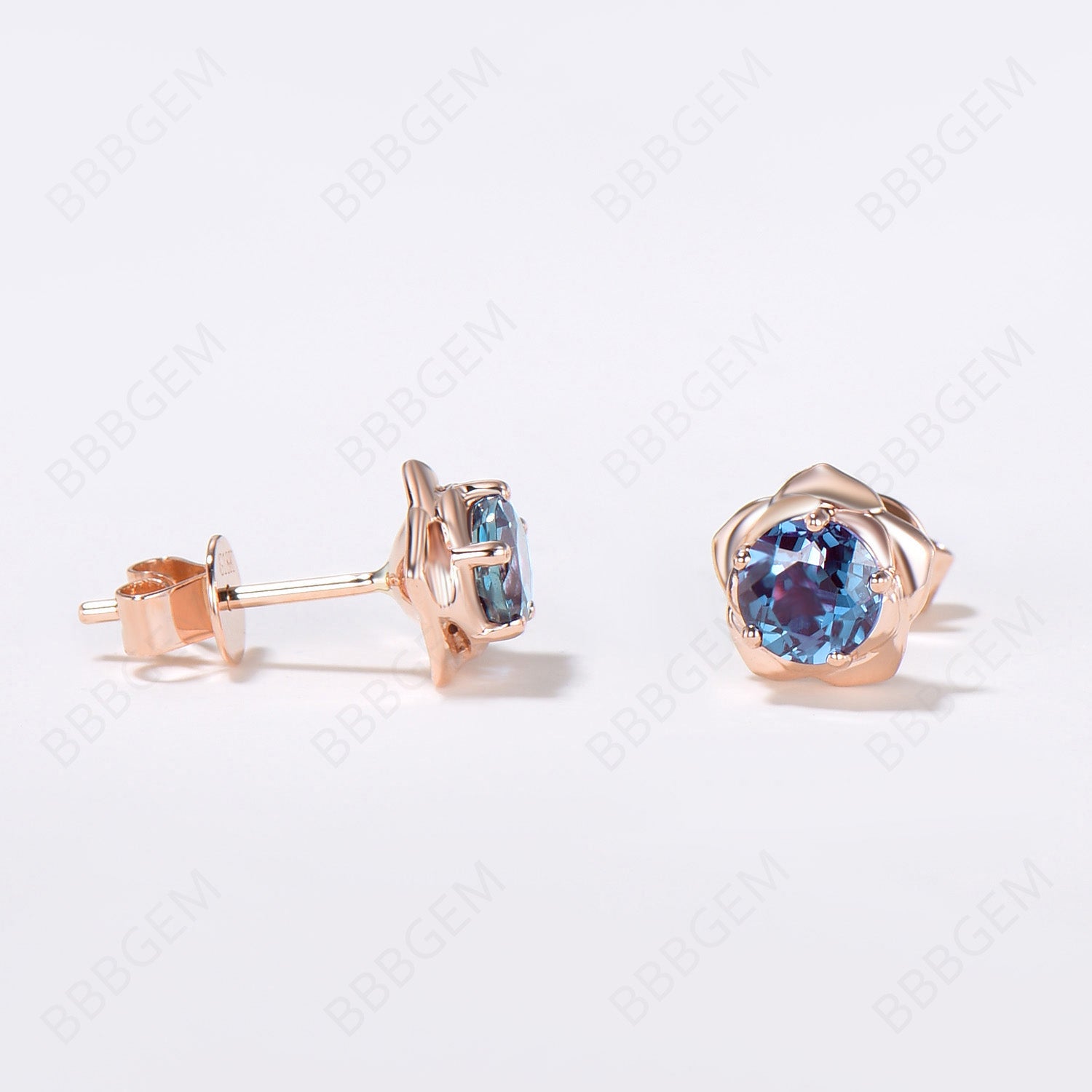 Rose Gold Flower Stud Earrings - Round Cut Alexandrite Gemstone Earrings for Women, Gift for Her, Birthday, Anniversary, Wedding, Party & Everyday Wear
