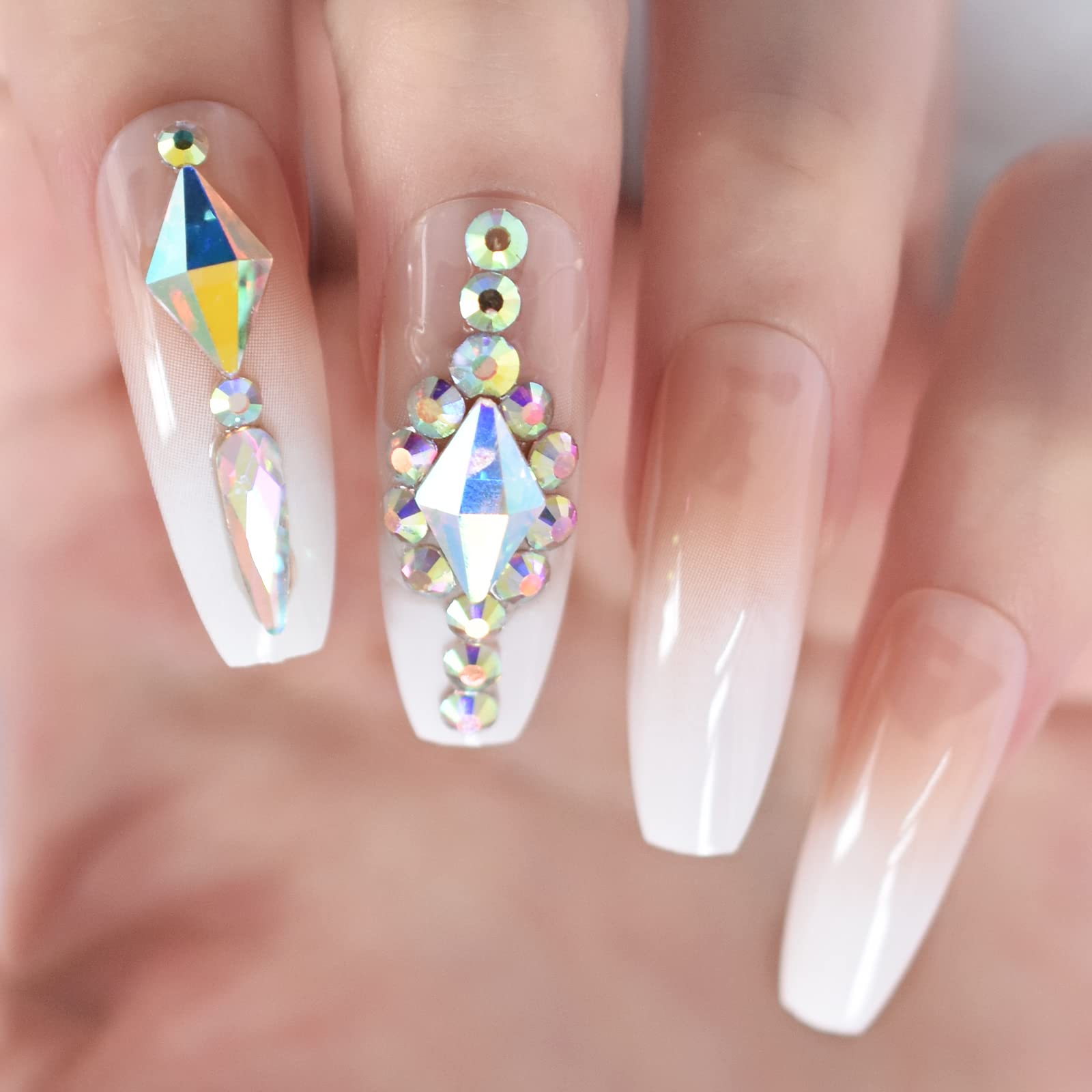 3D Bling Rhinestone Glitter Pink Nude Press on French Nails - Long Ballerina Coffin False Nails with Gradient Design - Natural Salon Manicure Reusable Fake Nails Art Tips for Parties, Weddings & Special Occasions