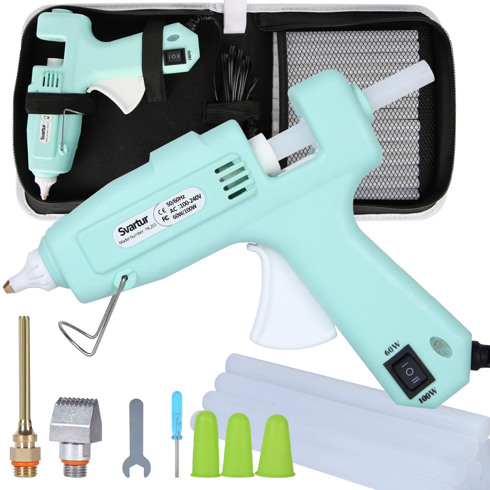 60W/100W Dual Power Full Size Hot Glue Gun Kit with 2 Nozzles & 15 Glue Sticks - Industrial Strength High Temp Glue Gun with 9.8ft Extra-Long Power Cord & Case - Perfect for DIY Crafts, Home Repairs, Woodworking & School Projects (Green)
