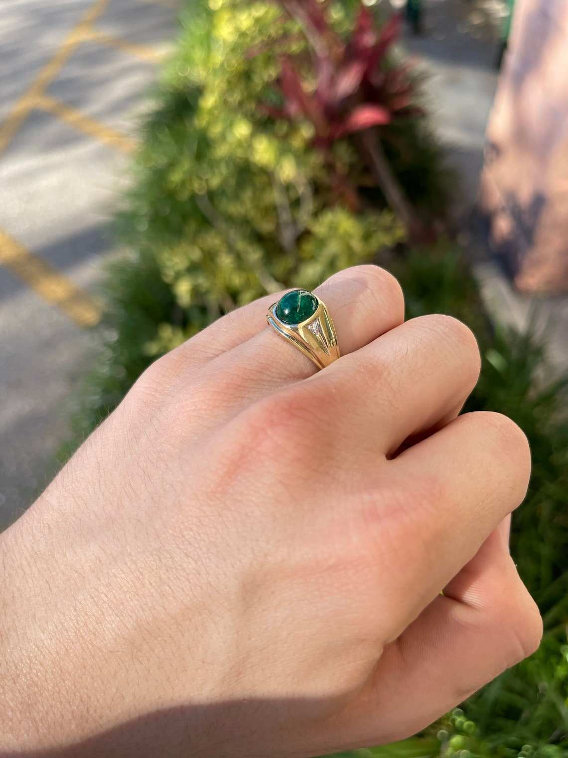 3.20tcw Natural Emerald Cabochon & Diamond Three Stone Men's Ring in 14K Gold - Perfect for Everyday Wear, Wedding Bands & Anniversary Gifts