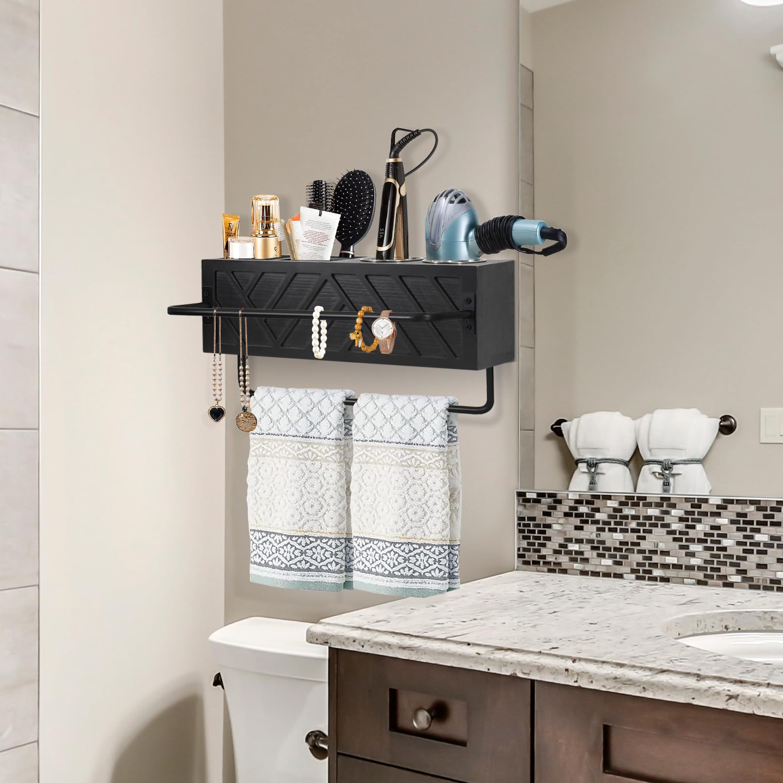 Wall Mount Hair Tool Organizer with 2 Towel Bars - Rustic Wooden Bathroom Organizer for Hair Dryer, Flat Iron, Curling Wand & Brushes - Space Saving Storage Solution for Home Salon & Bathroom Decor (Black)