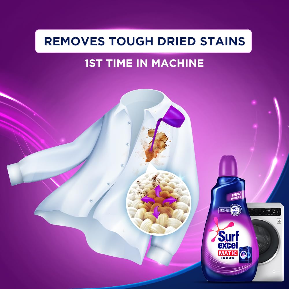Surf Excel Matic Front Load Liquid Detergent 1L - Powerful Stain Remover for Washing Machines | Best for Tough Stains on Clothes, Sheets & Towels | Perfect for Families & Heavy Laundry Loads