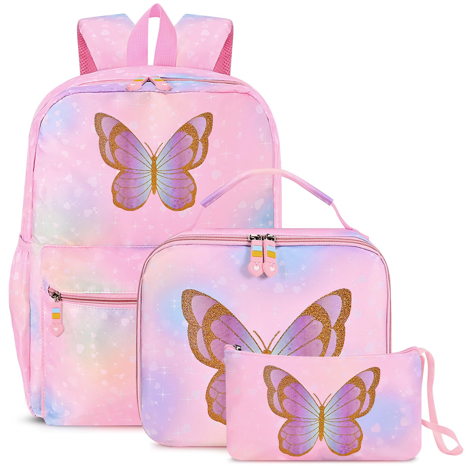 Cokouchyi 3 Pcs Kids Backpack Set with Lunch Box & Pencil Case - Lightweight Preschool Backpack for Girls Age 4-8, Elementary School Book Bag with Butterfly Design - Perfect for School, Travel & Daily Use