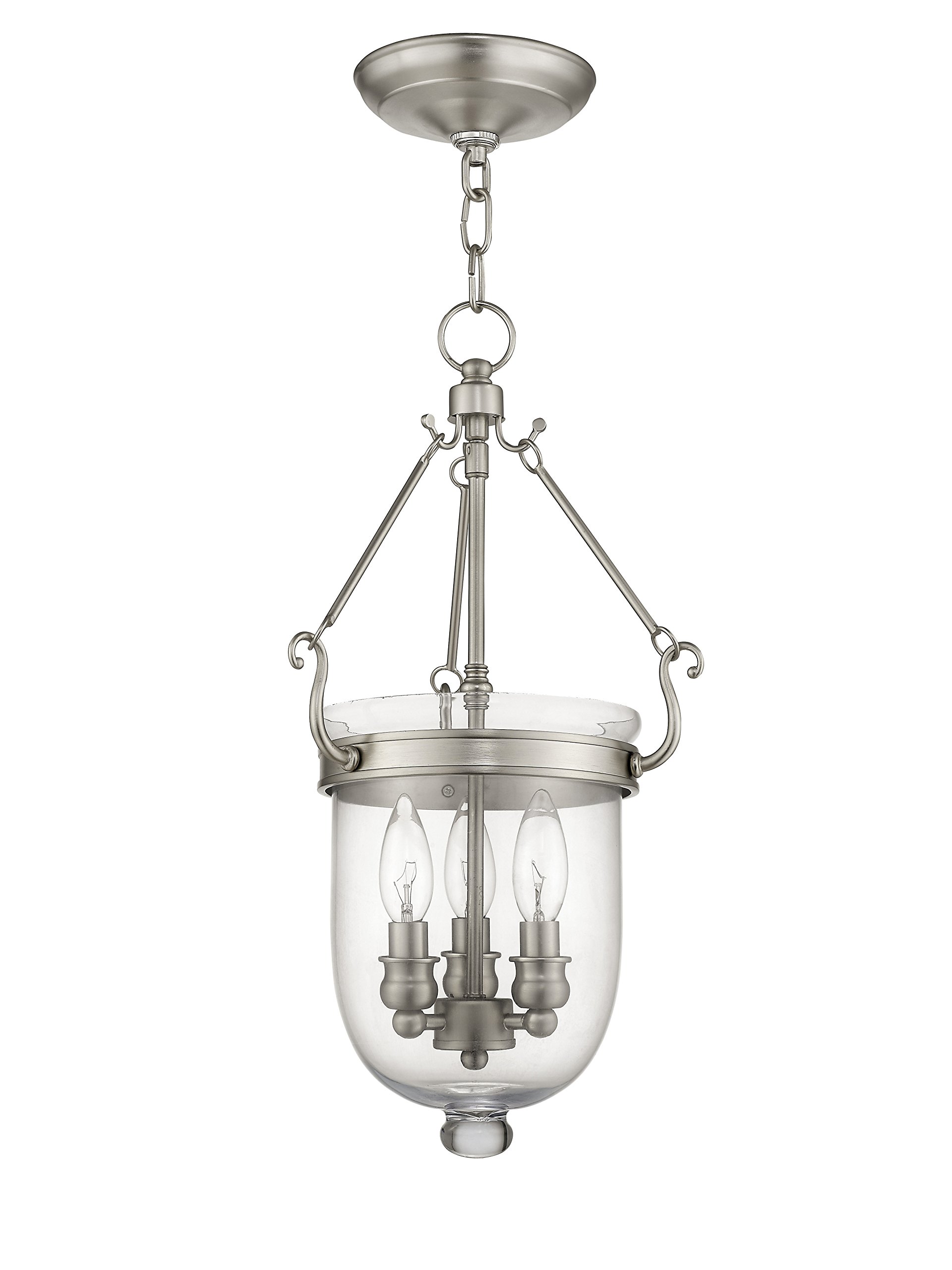 Livex Lighting Jefferson 3-Light Brushed Nickel Bell Jar Hanging Lantern with Clear Glass - Perfect for Entryway, Dining Room, or Patio Lighting