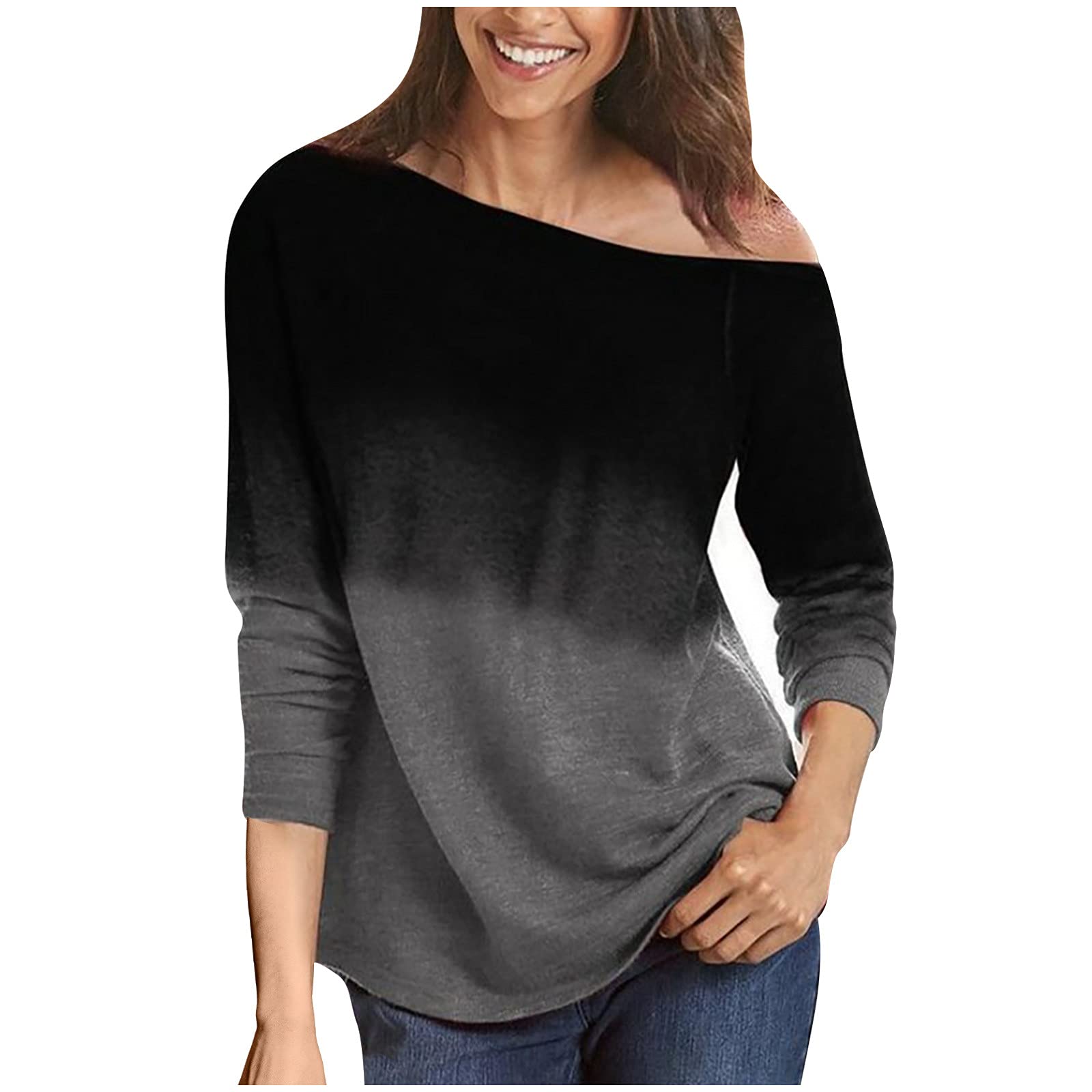 Women's Tie Dye Gradient Off Shoulder Long Sleeve Sweatshirt with Dragonfly Print - Casual Loose Tunic Top for Fall Fashion, Streetwear & Boho Outfits